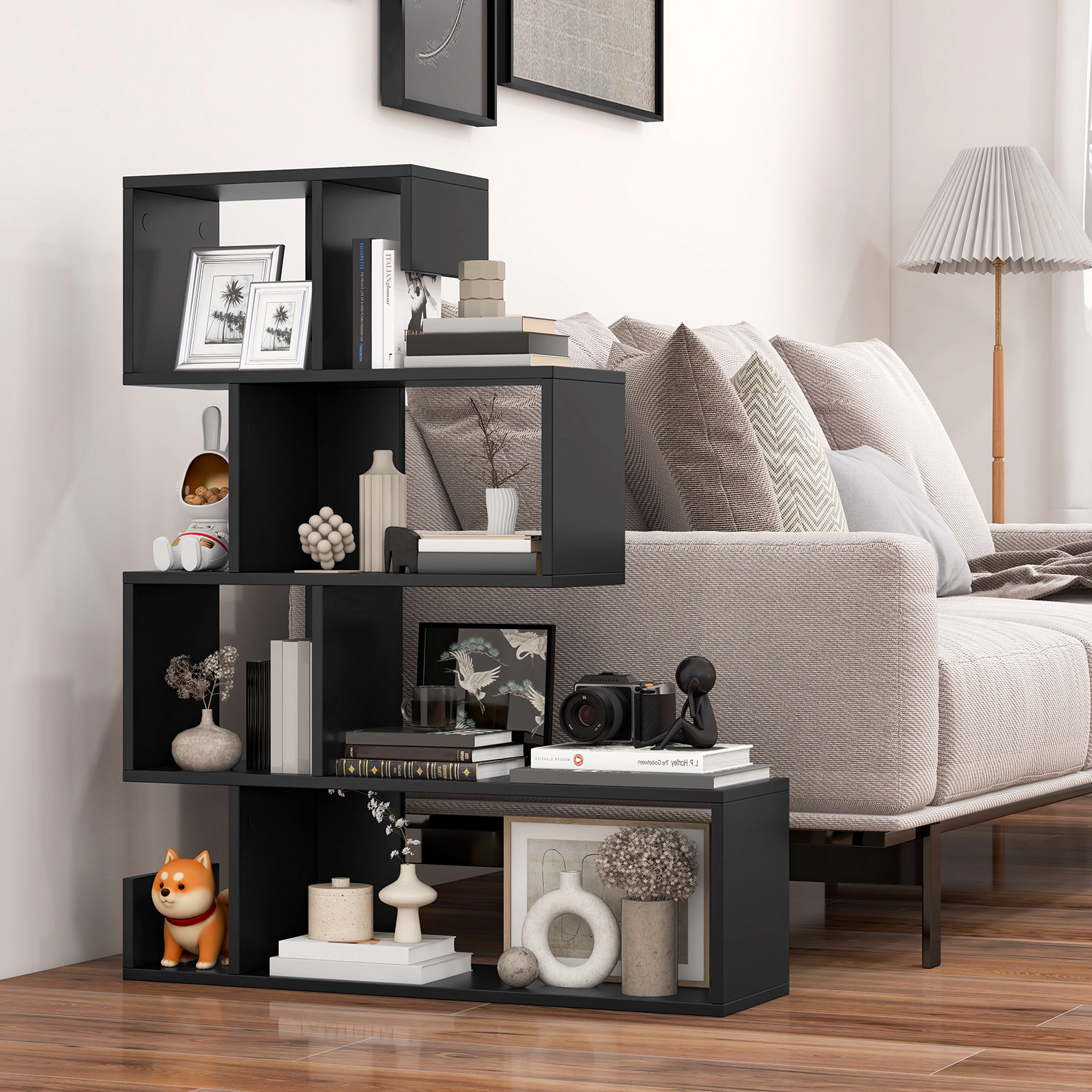 LJG 5-Tier S-Shaped Bookshelf Geometric Z-Shelf Bookcase with Open Cubes