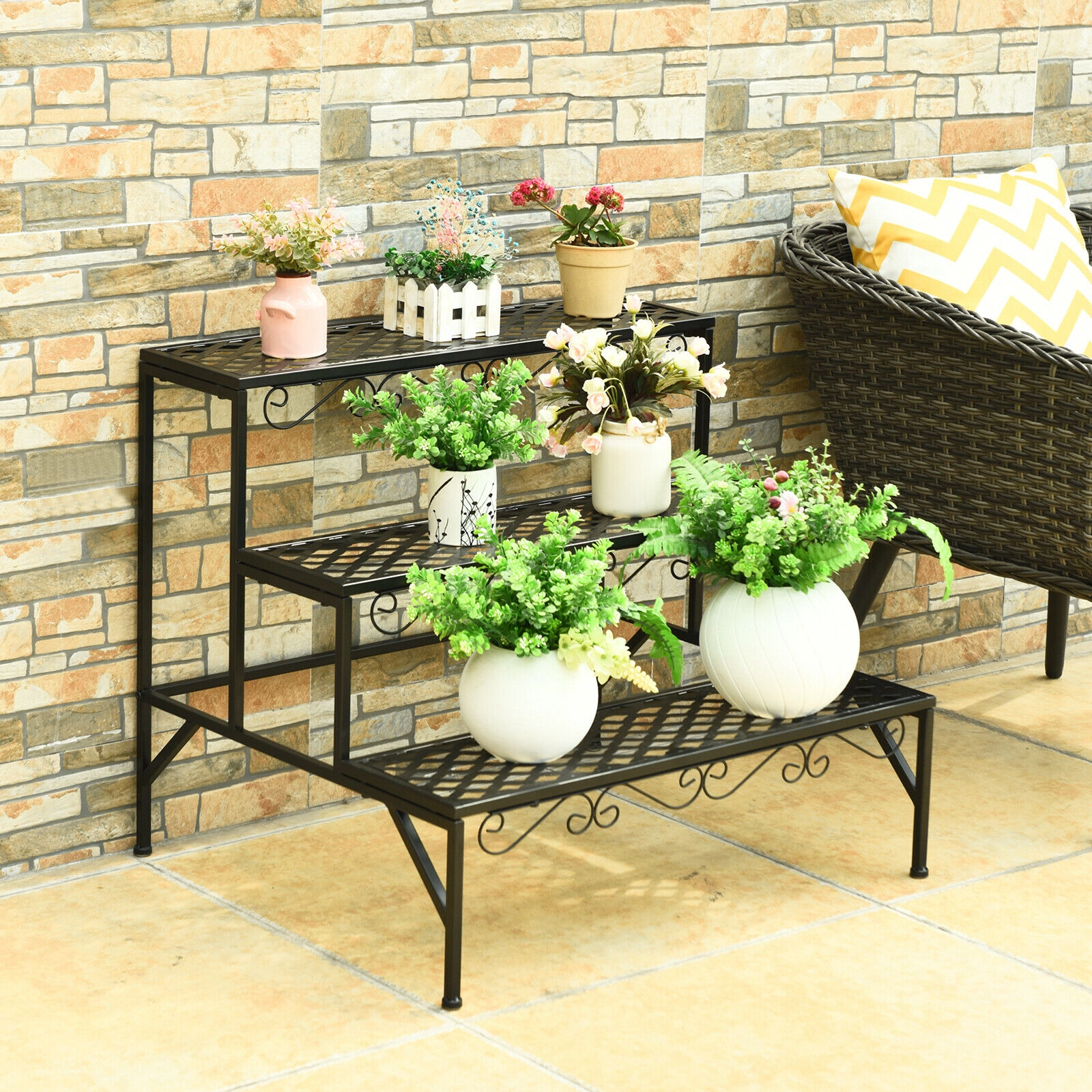 SlickBlue Metal 3 Tier Plant Stand Storage Rack Black Steel Organizer for Indoor Outdoor Spaces