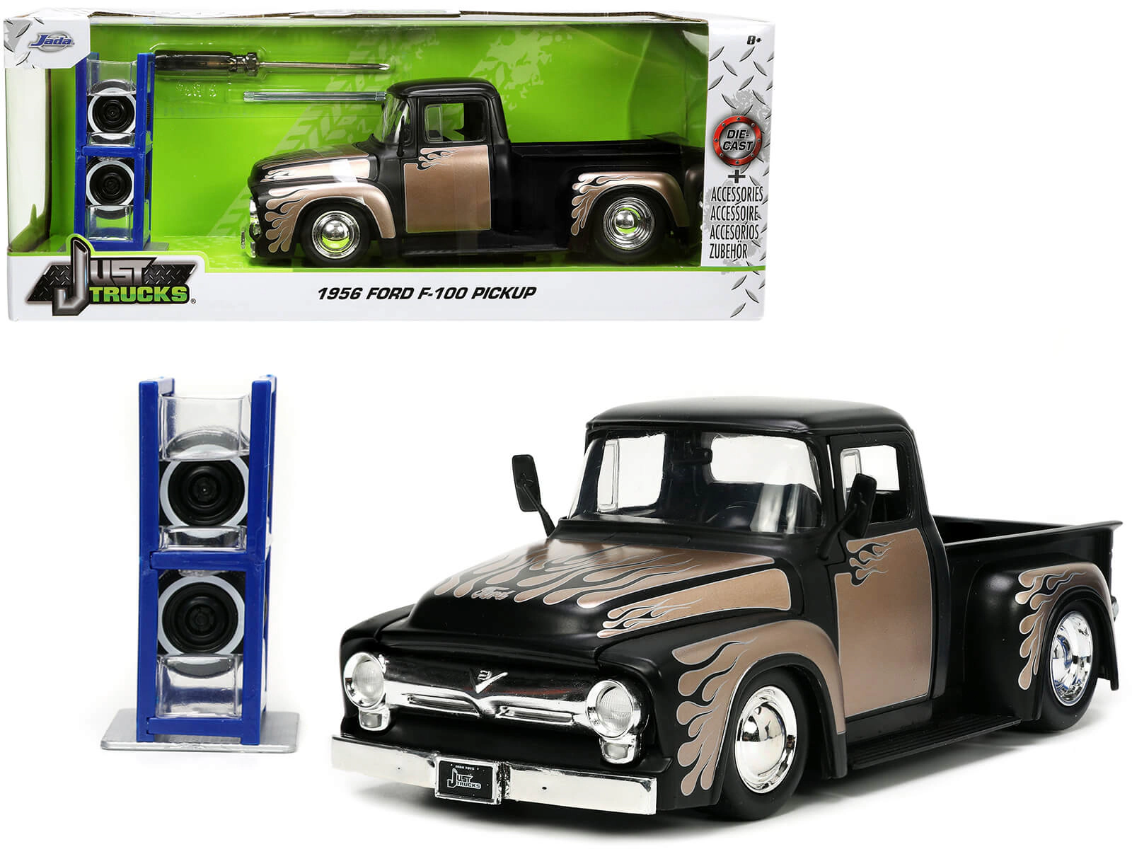 Jada 1956 Ford F-100 Pickup Truck Matt Black and Champagne with Flames with Extra Wheels "Just Trucks" Series