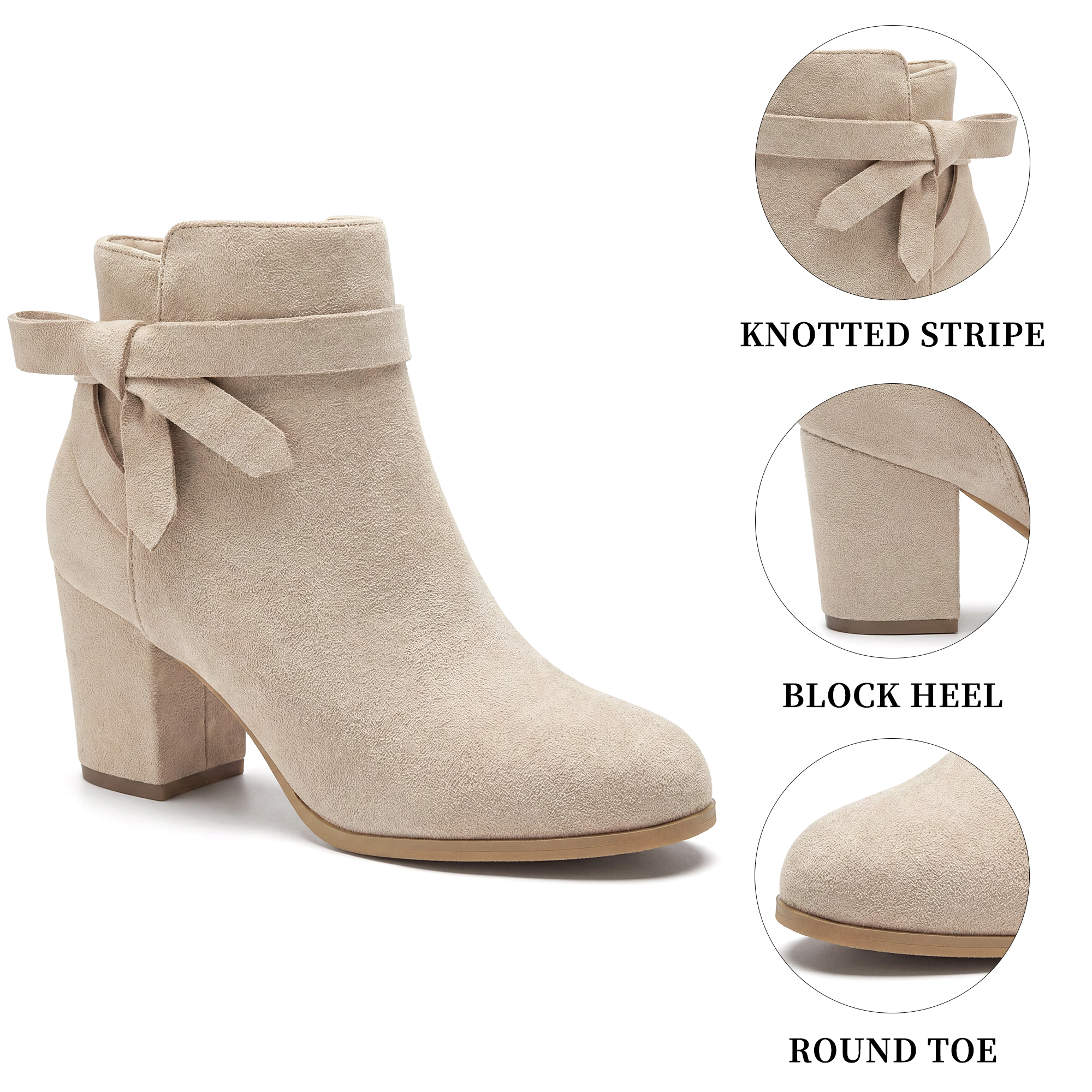 BLISSFUL STEP Women Faux Suede Round Toe Chunky Heel Ankle Boots Side Bow Decor