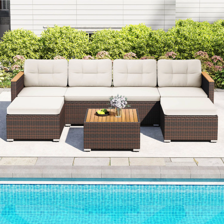 Hivvago 7 Pieces Wicker Conversation Set With Wood Armrests For Backyard