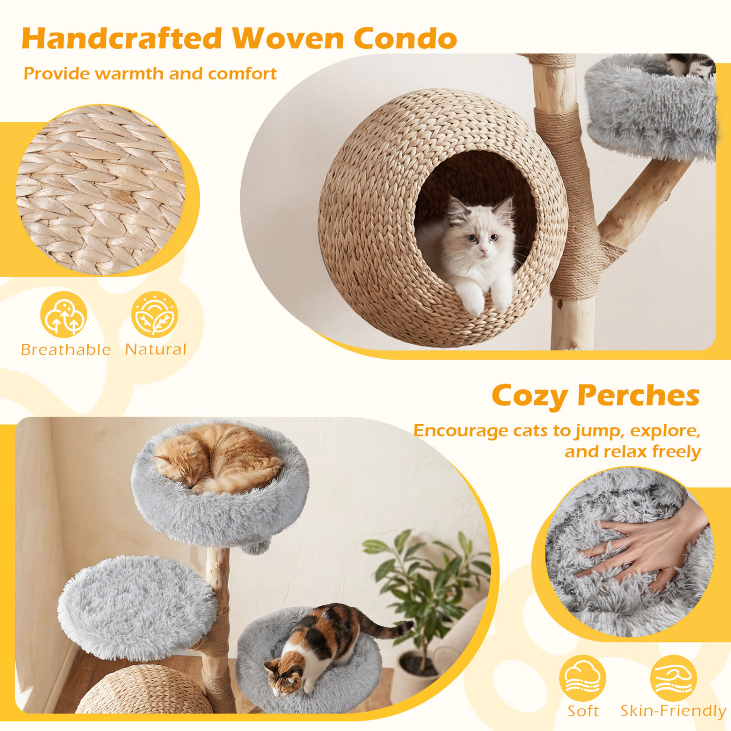 LJG 5-Tier Wooden Cat Tree with Woven Condo Plush Perches Jute Posts & Balls