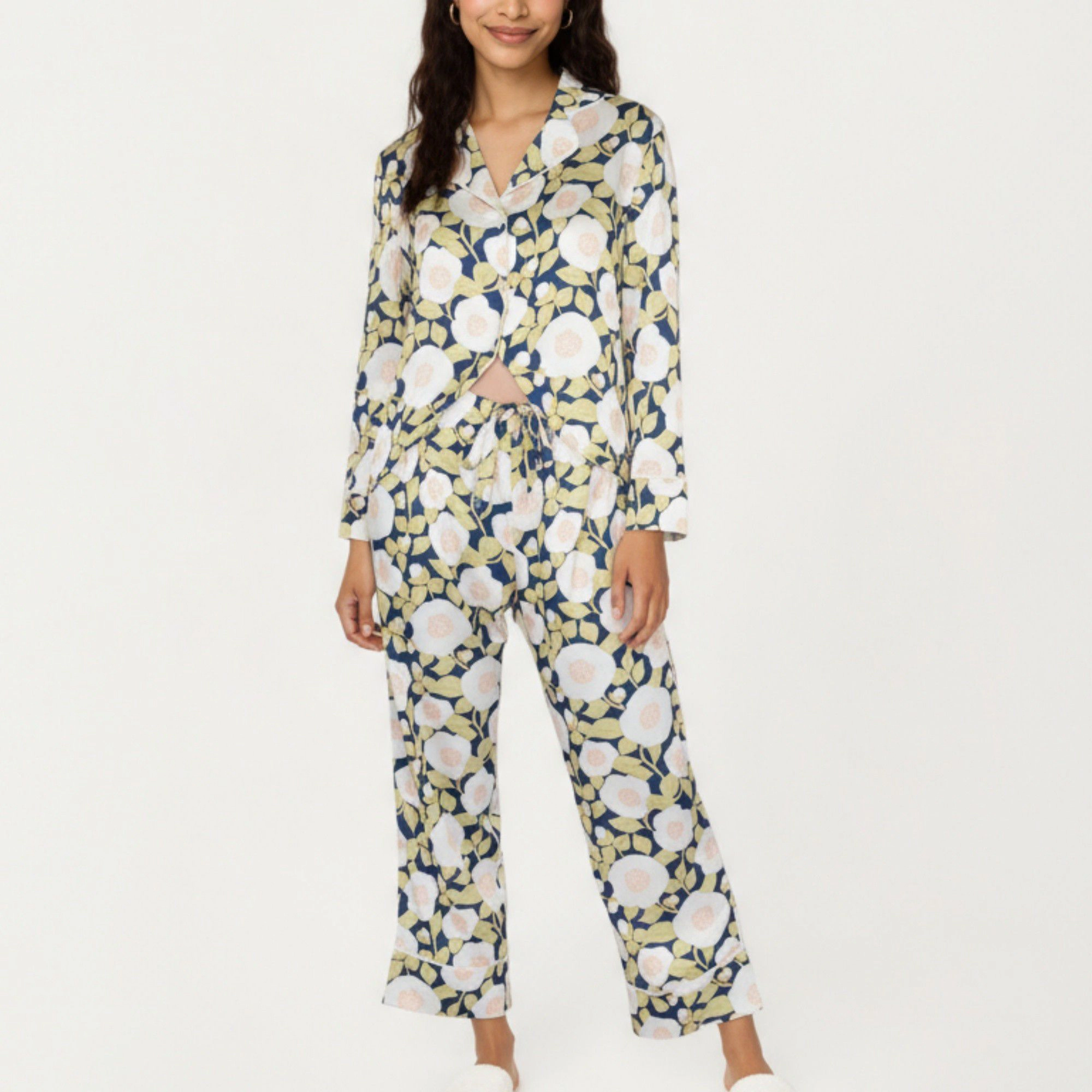 Anna-Kaci Women's 2-Piece Long Sleeve Button Front Pajama Set Floral Print and Soft Silky Fabric for Relaxed Comfort