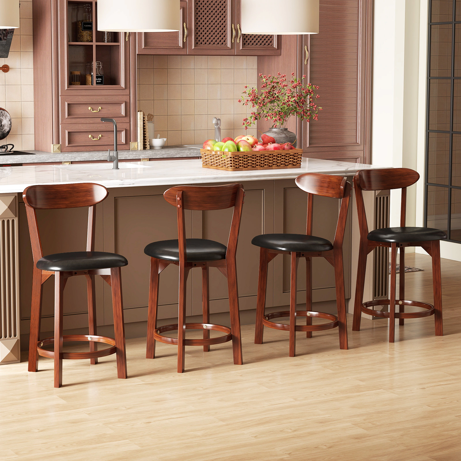 SUGIFT Set of 2 Walnut Faux Leather Armless Counter Height Bar Stools with Footrests
