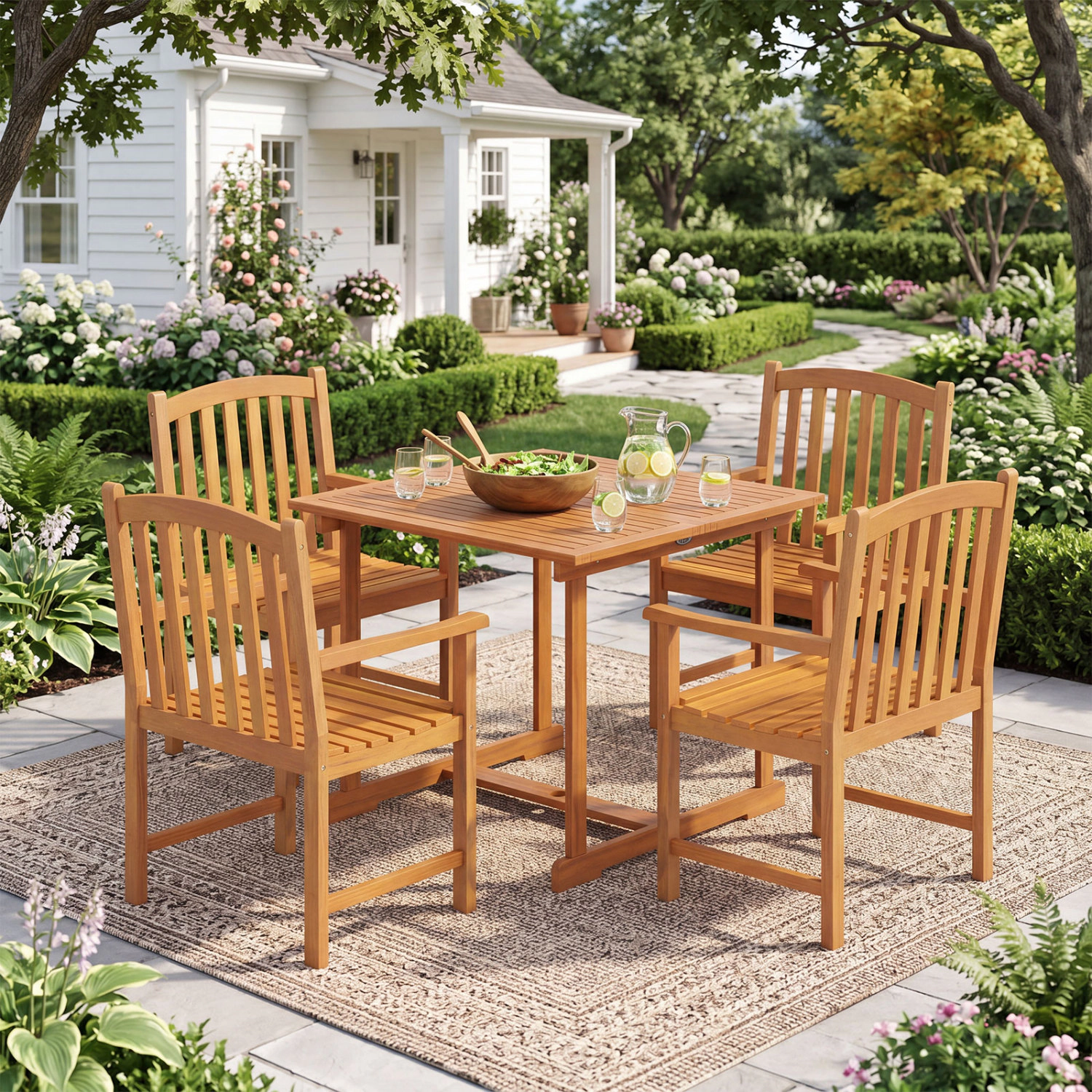 LJG 5-Piece Outdoor Square Patio Dining Set for 4 with Acacia Table & Armchairs