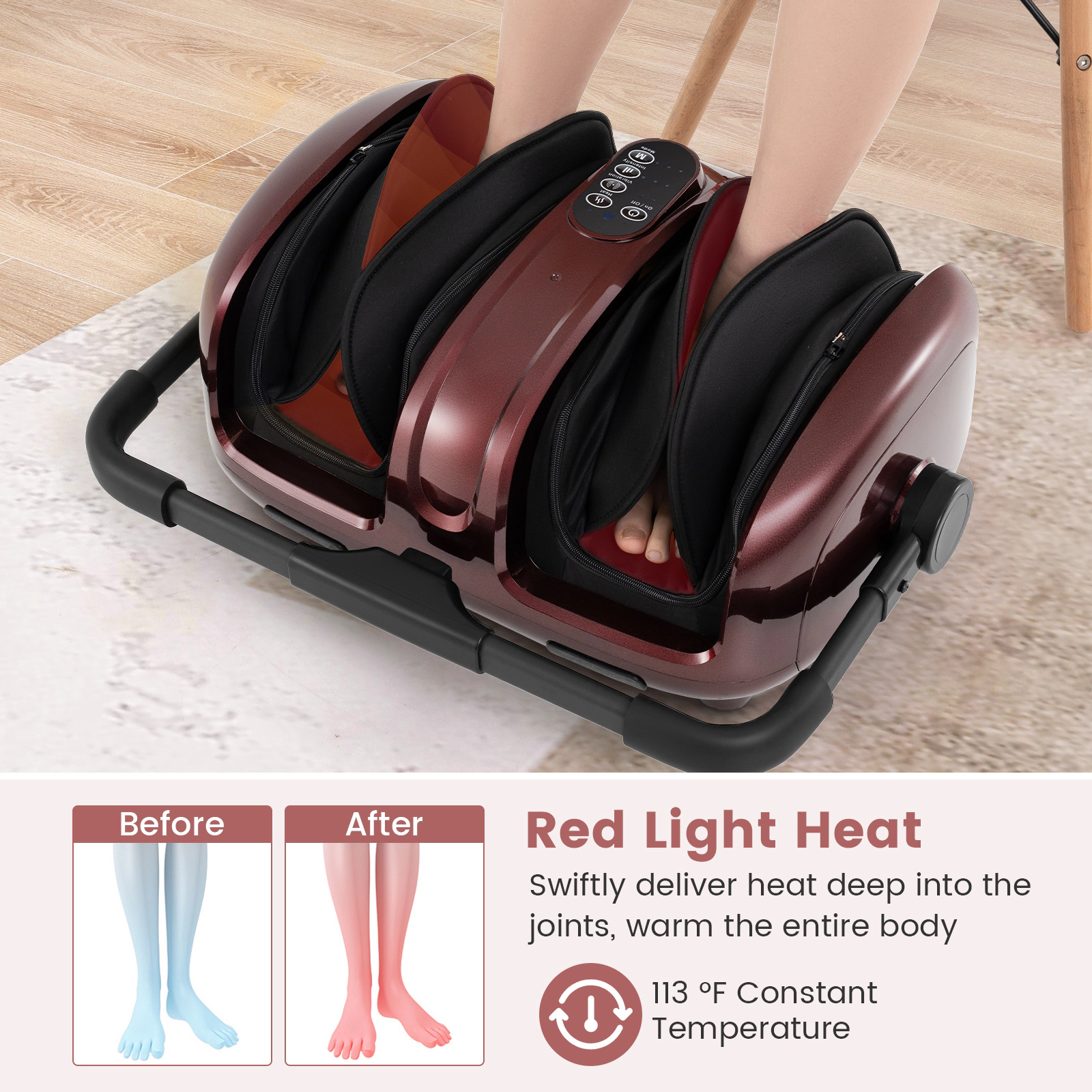 SUGIFT Rolling Shiatsu Foot and Calf Massager with Heat and Compression Fits Up to US 14.5 Foot Size Red+Black