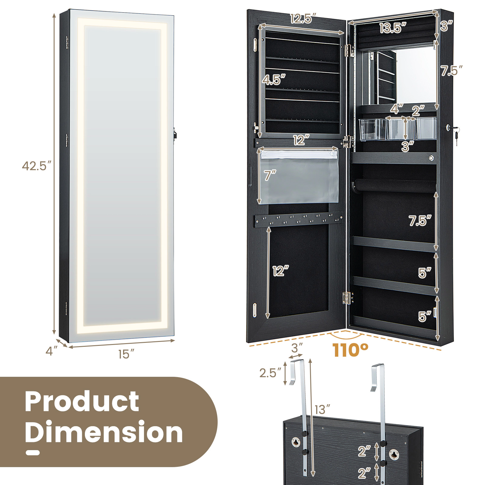 SUGIFT 42.5 Wall Mounted Jewelry Cabinet Lockable Mirror Armoire with 3-Color LED