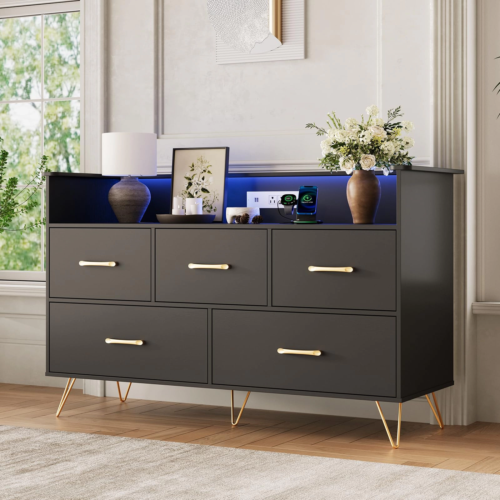 47" 5 Drawer Dresser with LED Lights & Charging Station, Wood Storage Chest