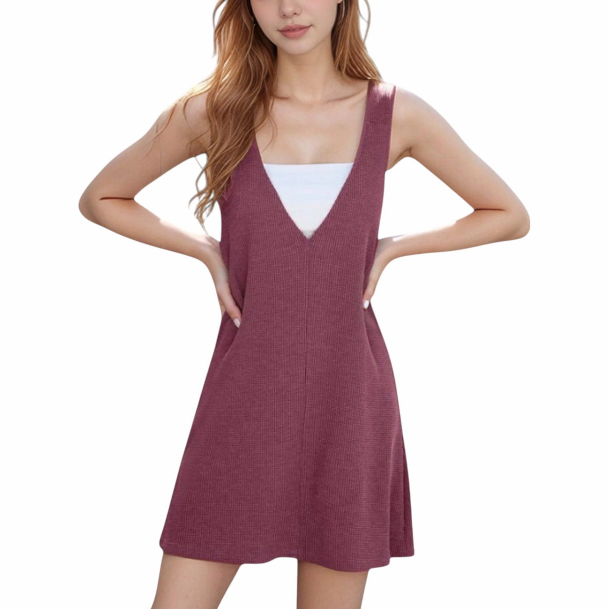 Anna-Kaci Women's Sleeveless V-Neck Ribbed Knit Mini Jumper Dress - A-Line Layering