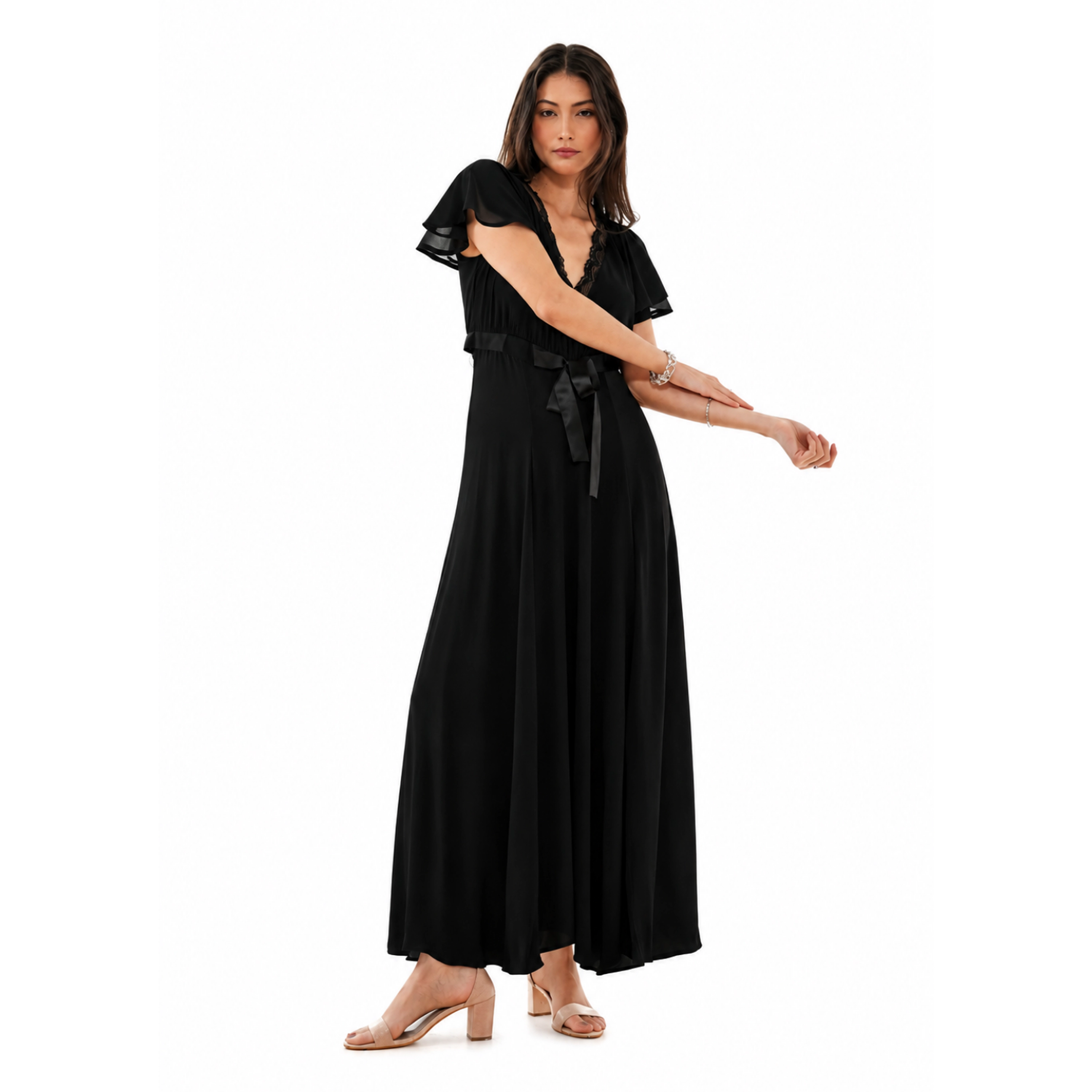 Rose & Nancy Women's Chloe Black Lace Detail Tie Waist Maxi Dress