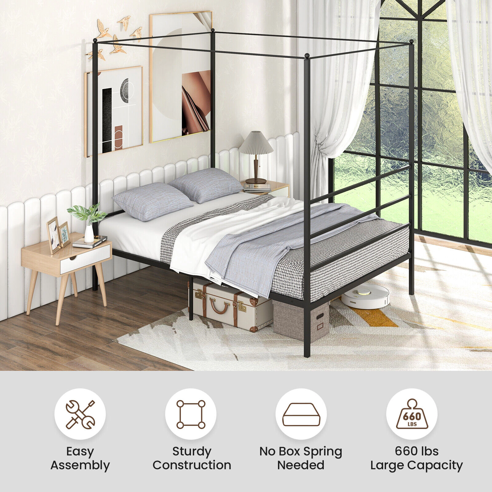 SUGIFT Black 4 Posts and Slat Support Full Size Metal Canopy Bed Frame