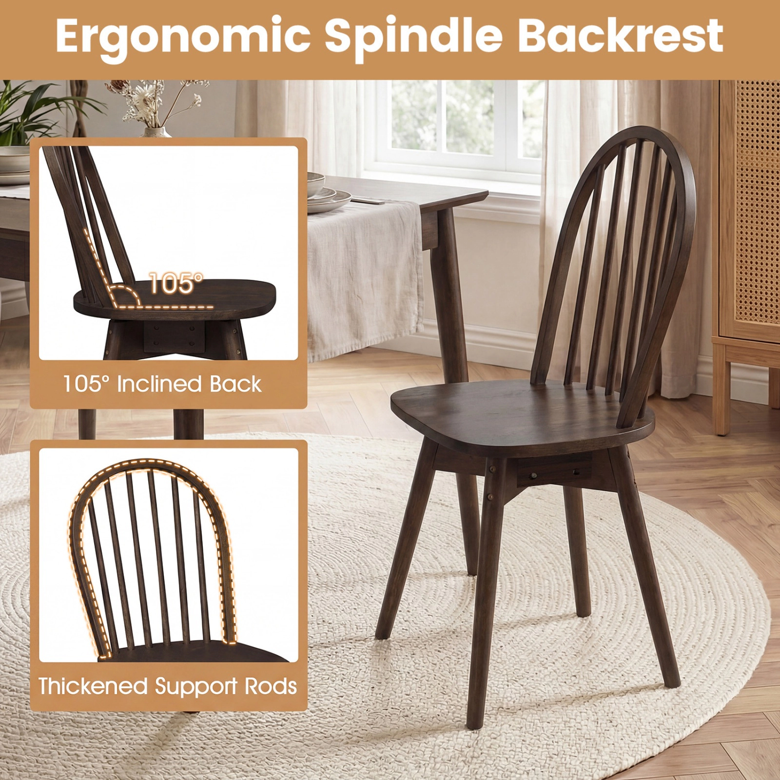 SUGIFT Swivel Windsor Dining Chairs Set of 2 with Solid Rubber Wood Frame 330-lb Capacity Walnut