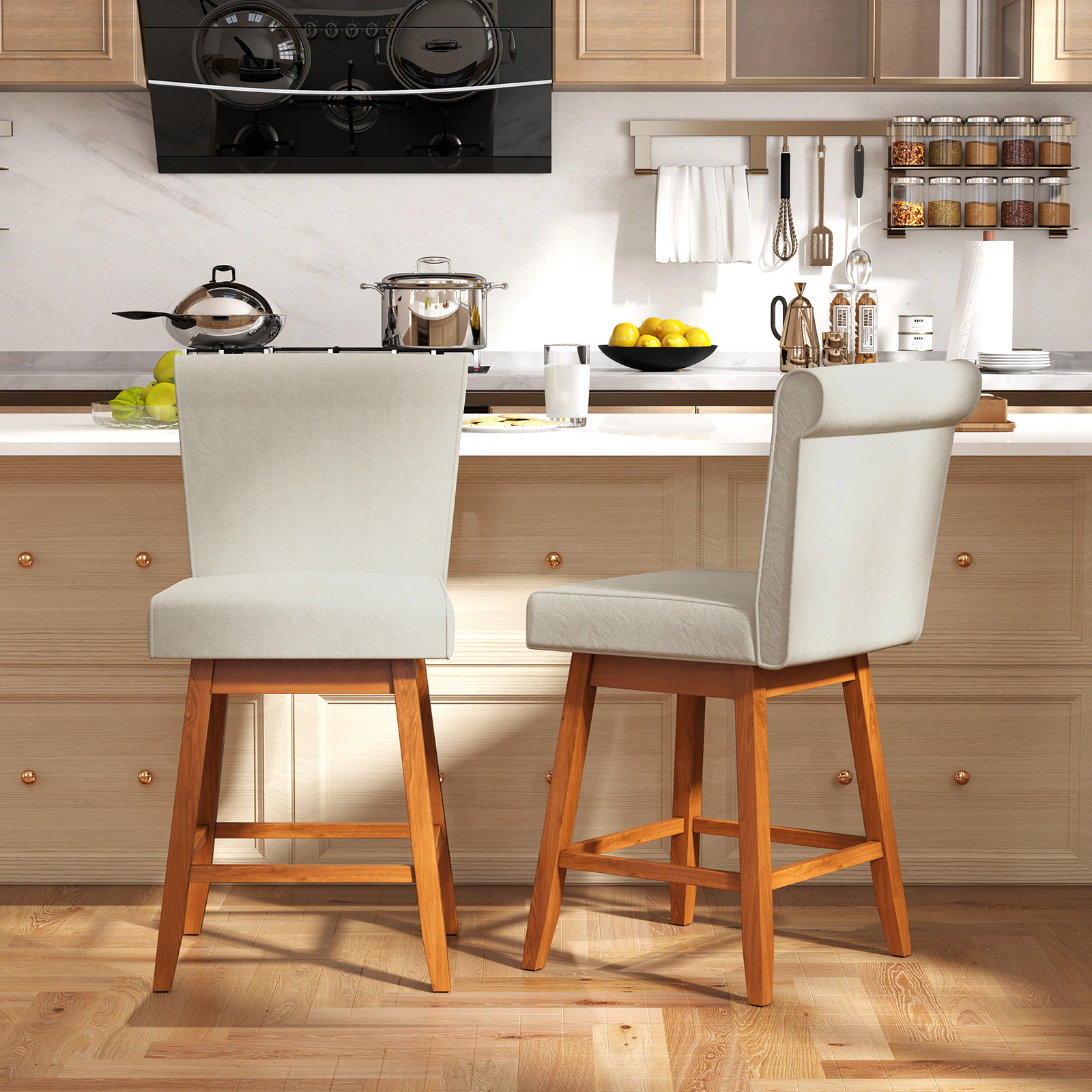 SUGIFT Set of 2 Beige 27-Inch Counter-Height Swivel Bar Stools, Linen Upholstery, 5-Inch Cushion