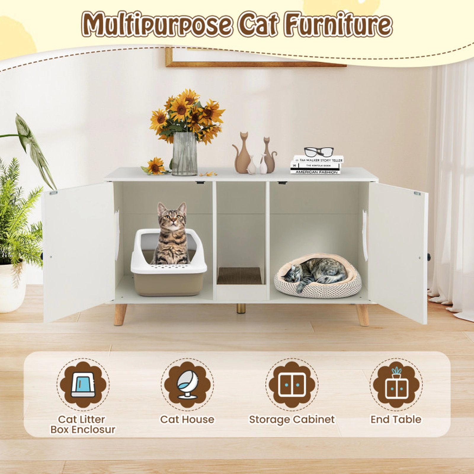 SUGIFT 43-in Double-Room Cat Litter Box Enclosure Side Table with 2 Sisal Scratching Mats Natural White