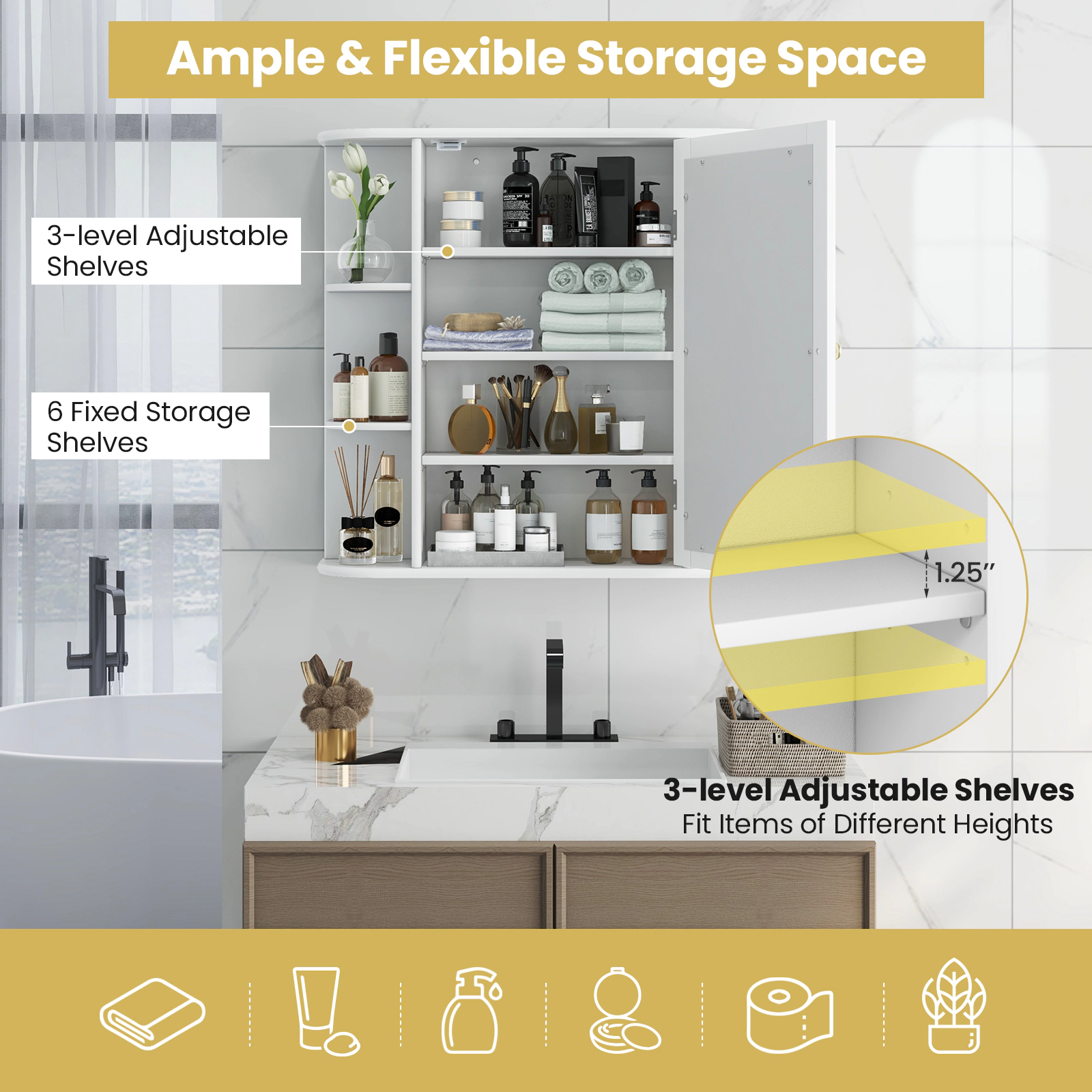 SUGIFT Mirrored Door 6 Side Open Shelves MDF Bathroom Medicine Cabinet 26-in x 6.5-in x 25-in 11-lb Shelf White