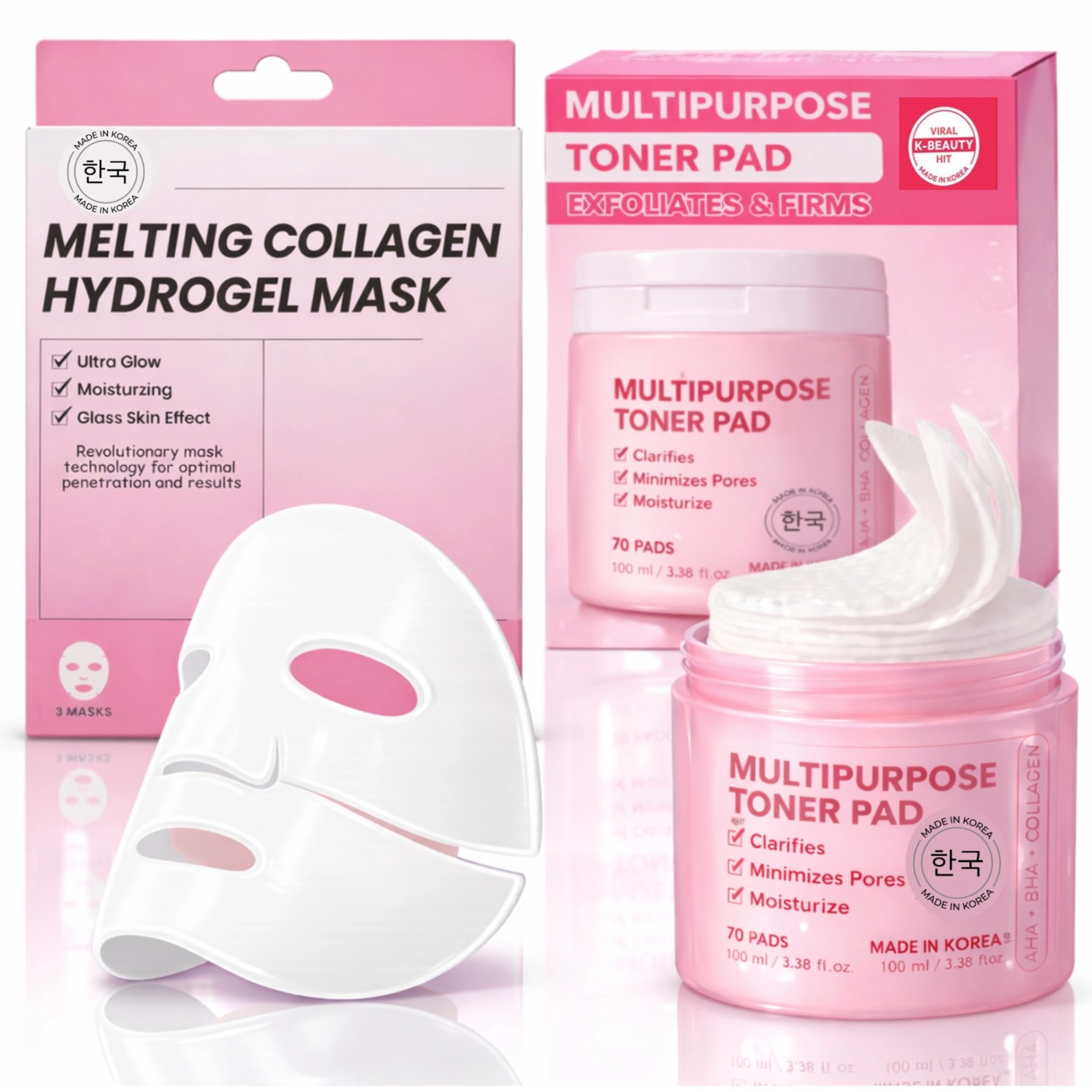 Lovery  Korean Beauty and Skincare Glass Skin Renewal Set with Collagen Hydrogel Masks and Multipurpose Toner Pads