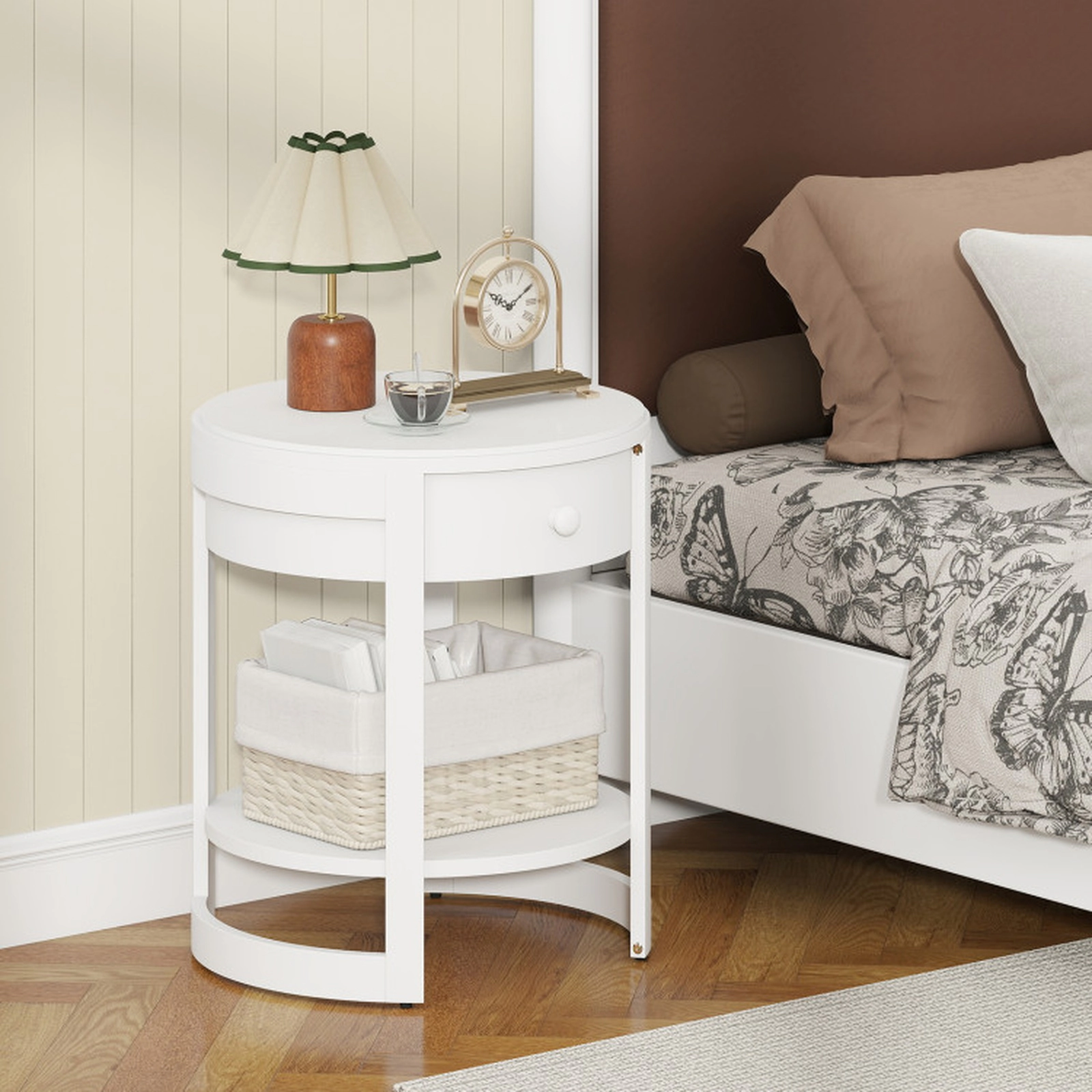 SUGIFT 2-Tier Round Drawer Open Shelf Modern Nightstand End Table 19.5-in x 19.5-in x 24-in 190-lb Capacity White
