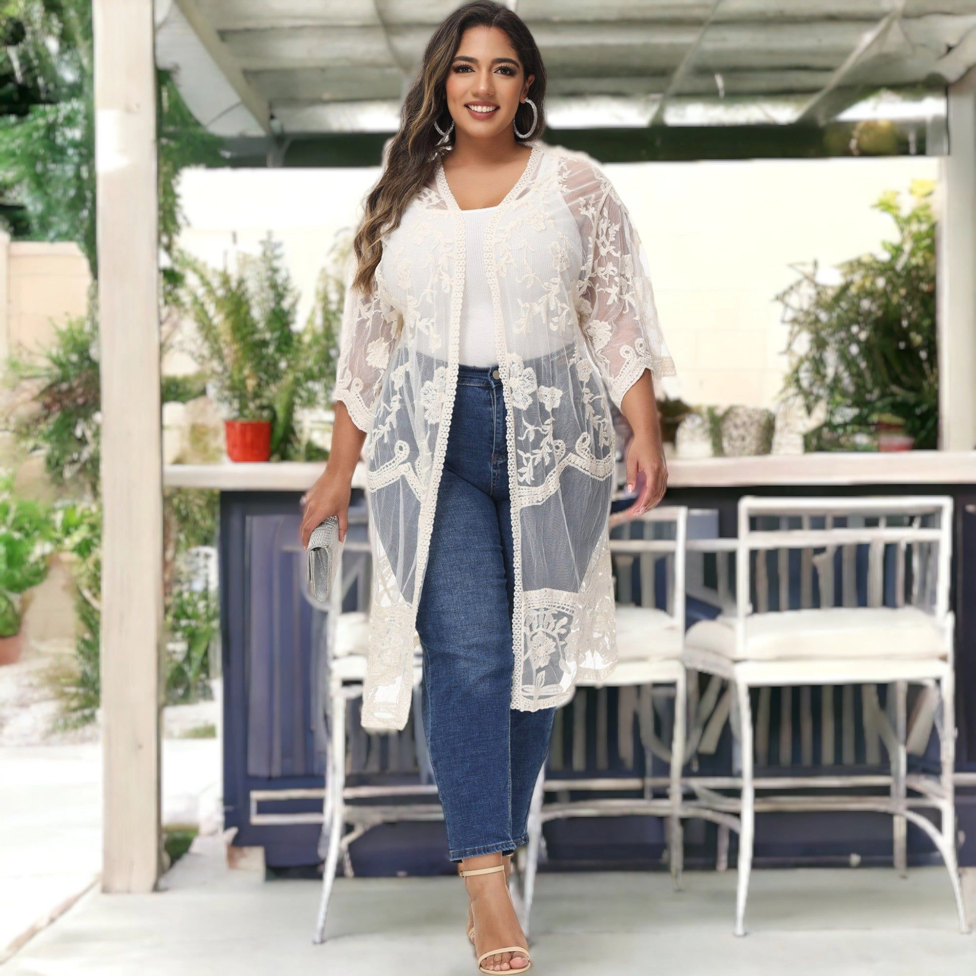 Anna-Kaci Women's Plus Lace Cardigan Short Sleeve Open Front Floral Crochet Long Duster