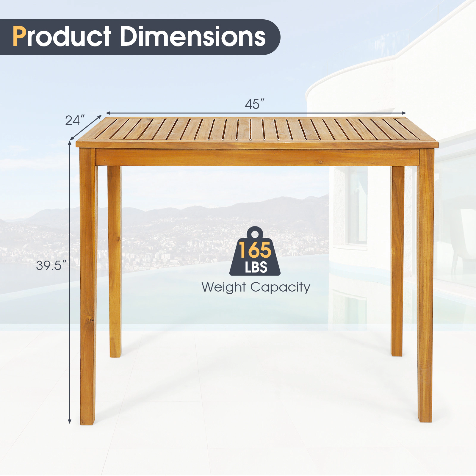 SUGIFT 45 in Teak Finish Acacia Wood Bar-Height Outdoor Patio Table