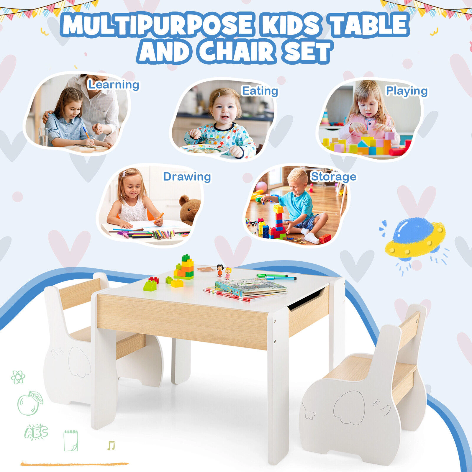 SUGIFT 4-in-1 Wooden Kids Activity Table and Chairs with Storage and Blackboard 66-Lb Desktop Ages 3-6 White/Gray