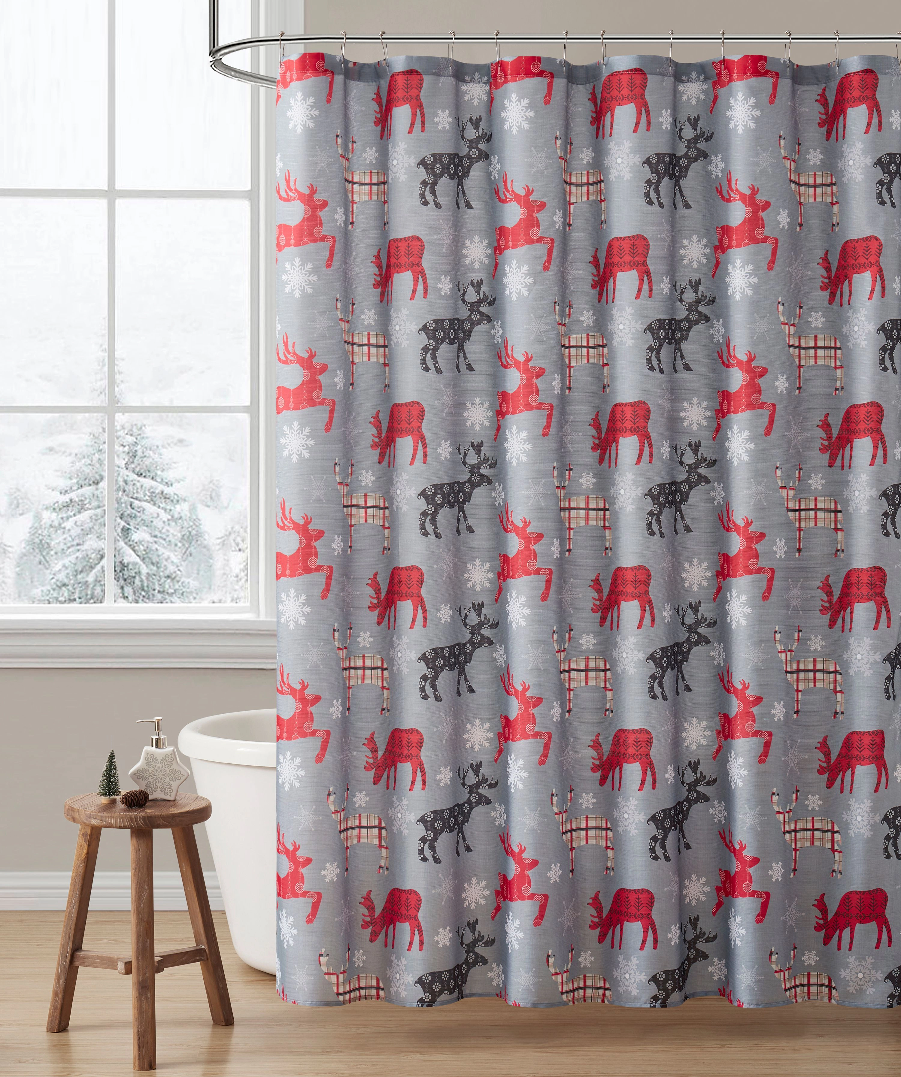 Kate Aurora Plaid Christmas Woodland Reindeer & Snowflakes Fabric Shower Curtain