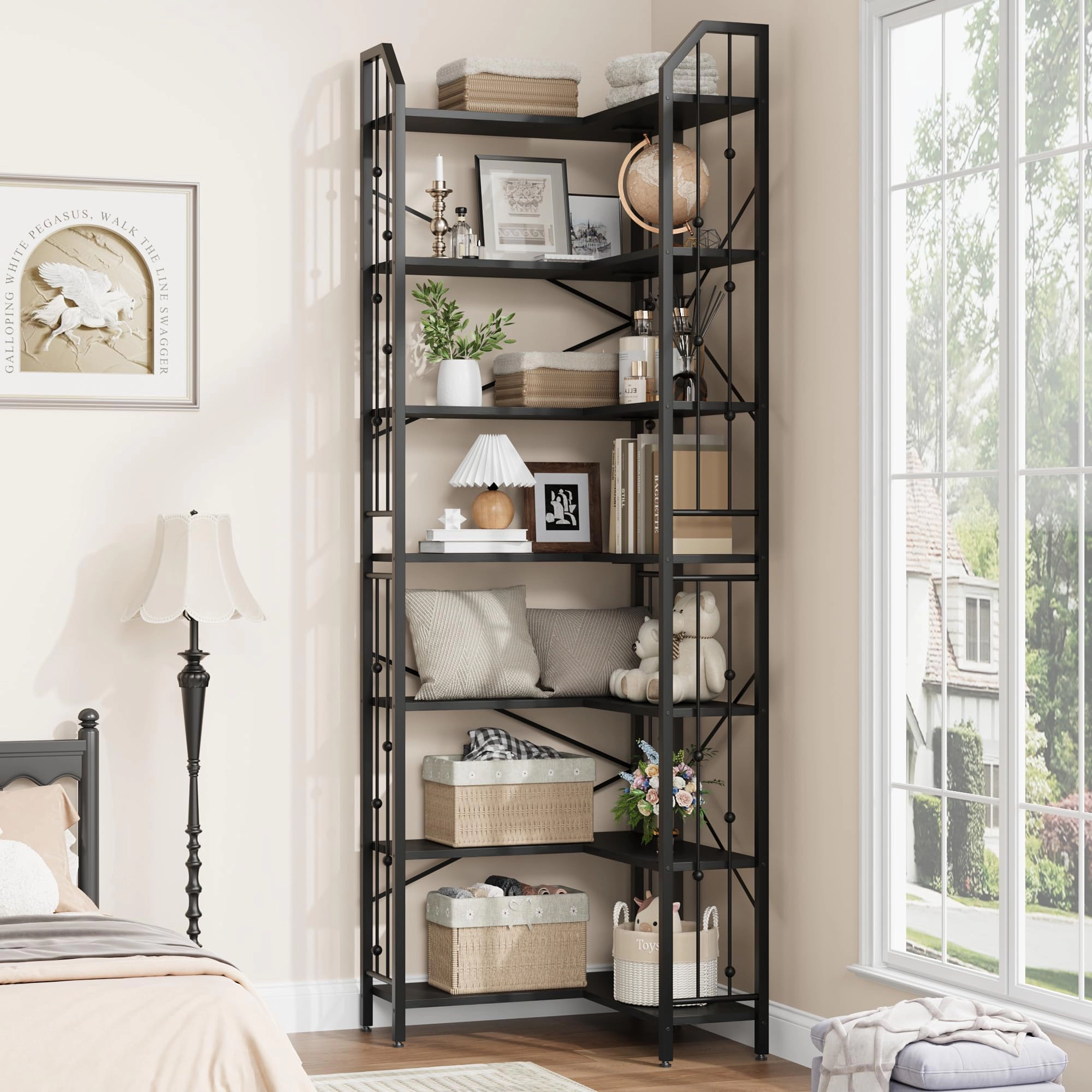 BebreezChic l-Shaped Corner Bookshelf, 5-Tier Tall Bookcase, Industrial Storage Display Shelves for Living Room