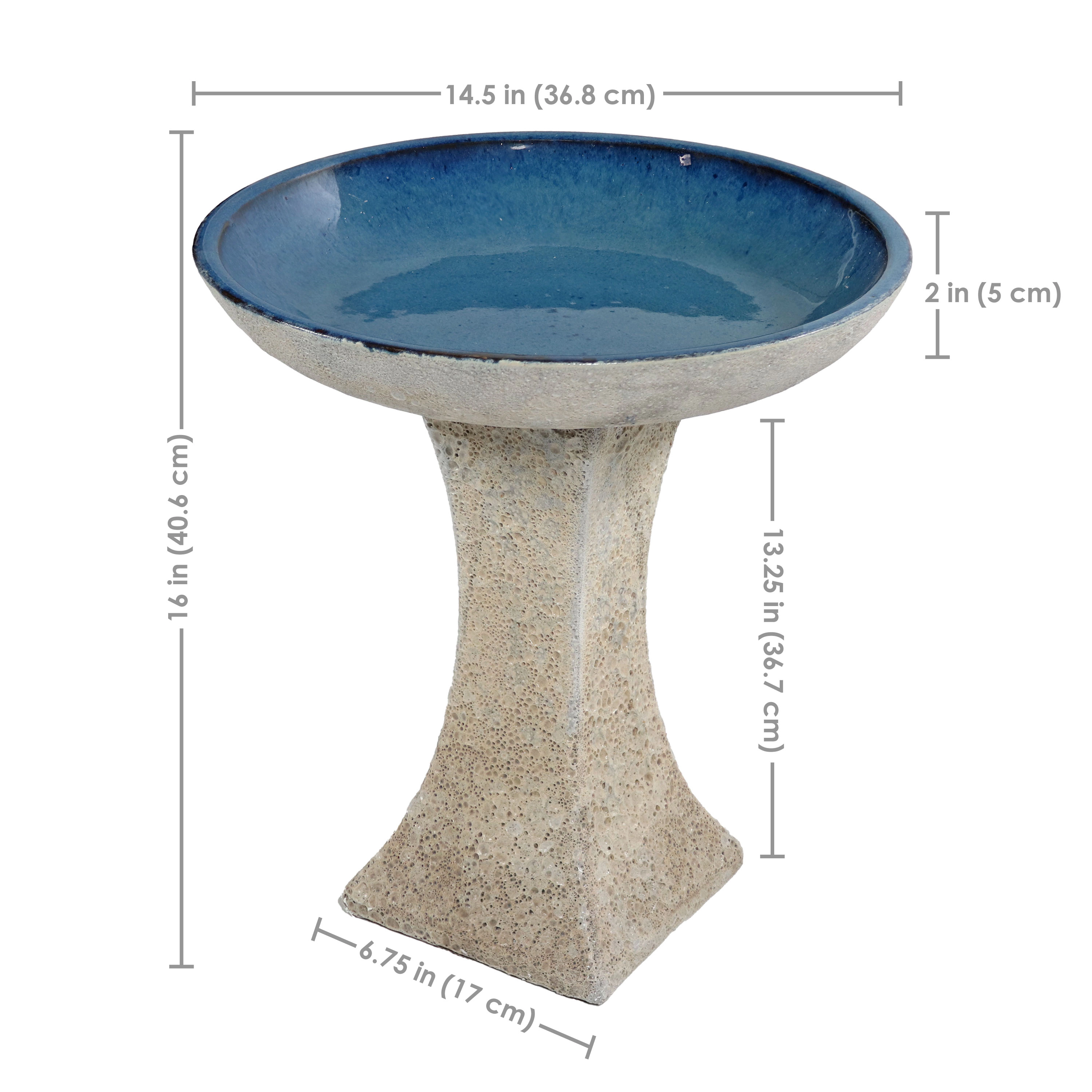 Sunnydaze Ceramic Bird Bath Bowl,16” H, Blue Glaze Basin, White Lava Finish