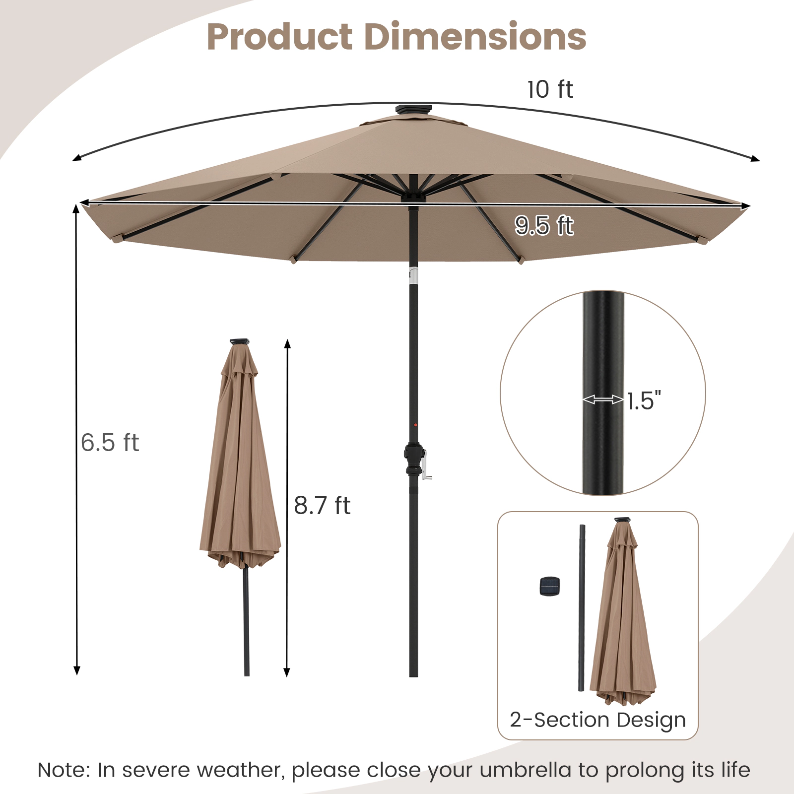 SUGIFT 10 ft Coffee Solar Market Patio Umbrella, 96 LED Lights, 9 Modes, Crank Lift and Push-Button Tilt