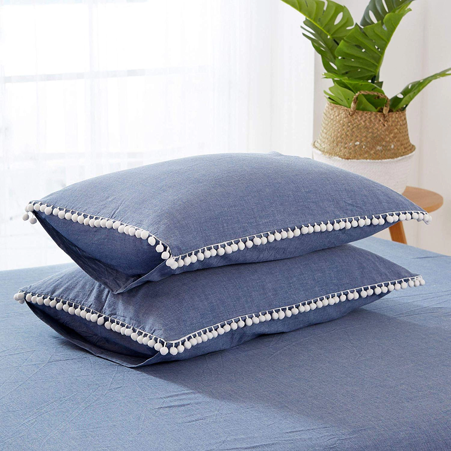 MarCielo 3 Pieces 100% Cotton Duvet Cover Set, Pompom Soft Breathable Bedding