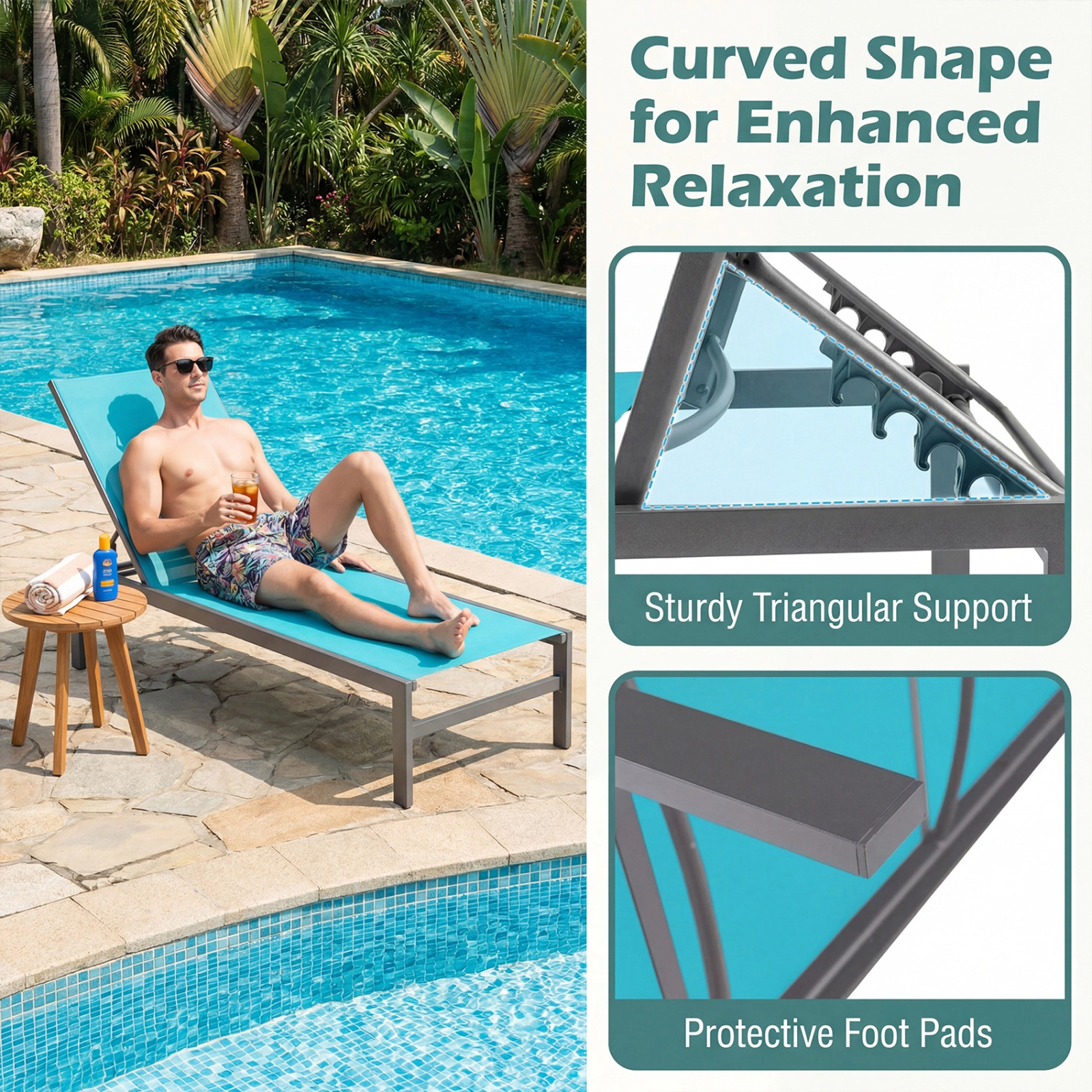 SUGIFT 6-Position Adjustable Chaise Lounge Chair with Rustproof Aluminum Frame 300-lb Capacity 78-in Length Turquoise