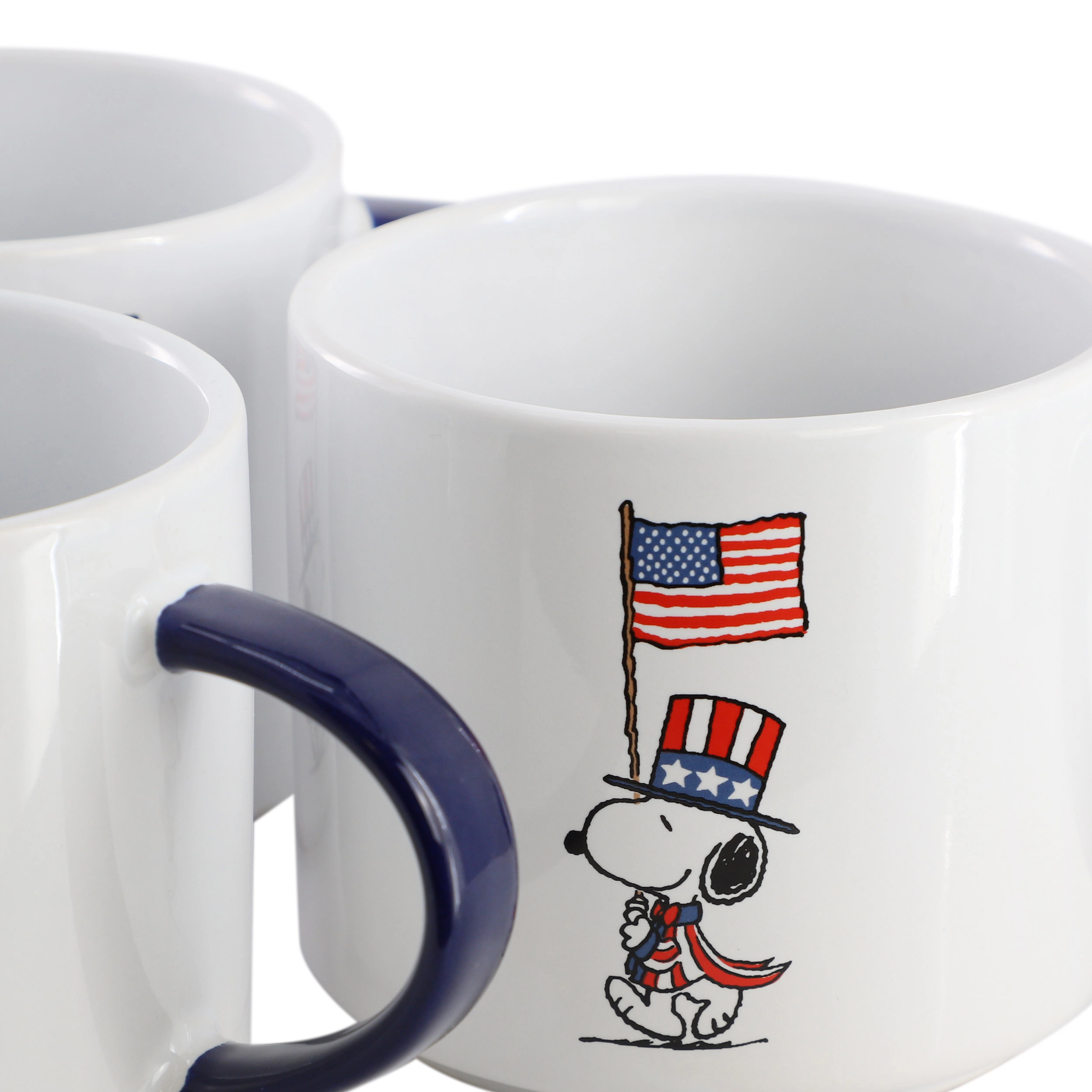 Peanuts Raise the Flag 4 Piece 15 Ounce Stoneware Mug Set in White, Blue, and Red