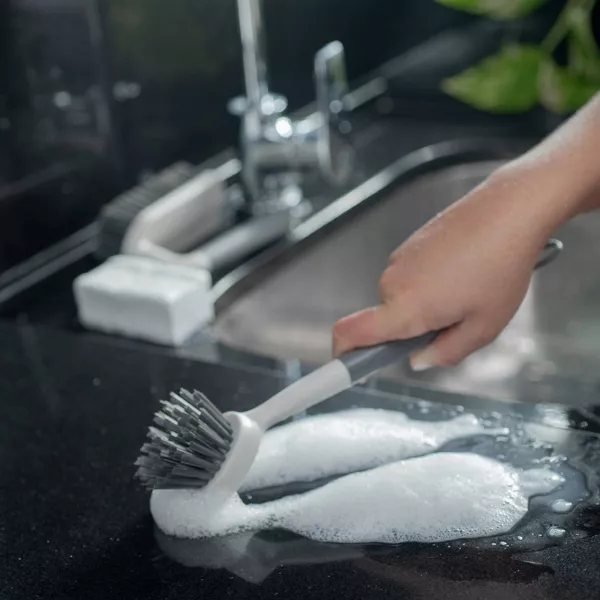 OU Cleaning Scrub Brush, Heavy Duty Cleaning Brush for Bathroom & Kitchen, Nonslip Silicone Grip Handle Built-In Scraper