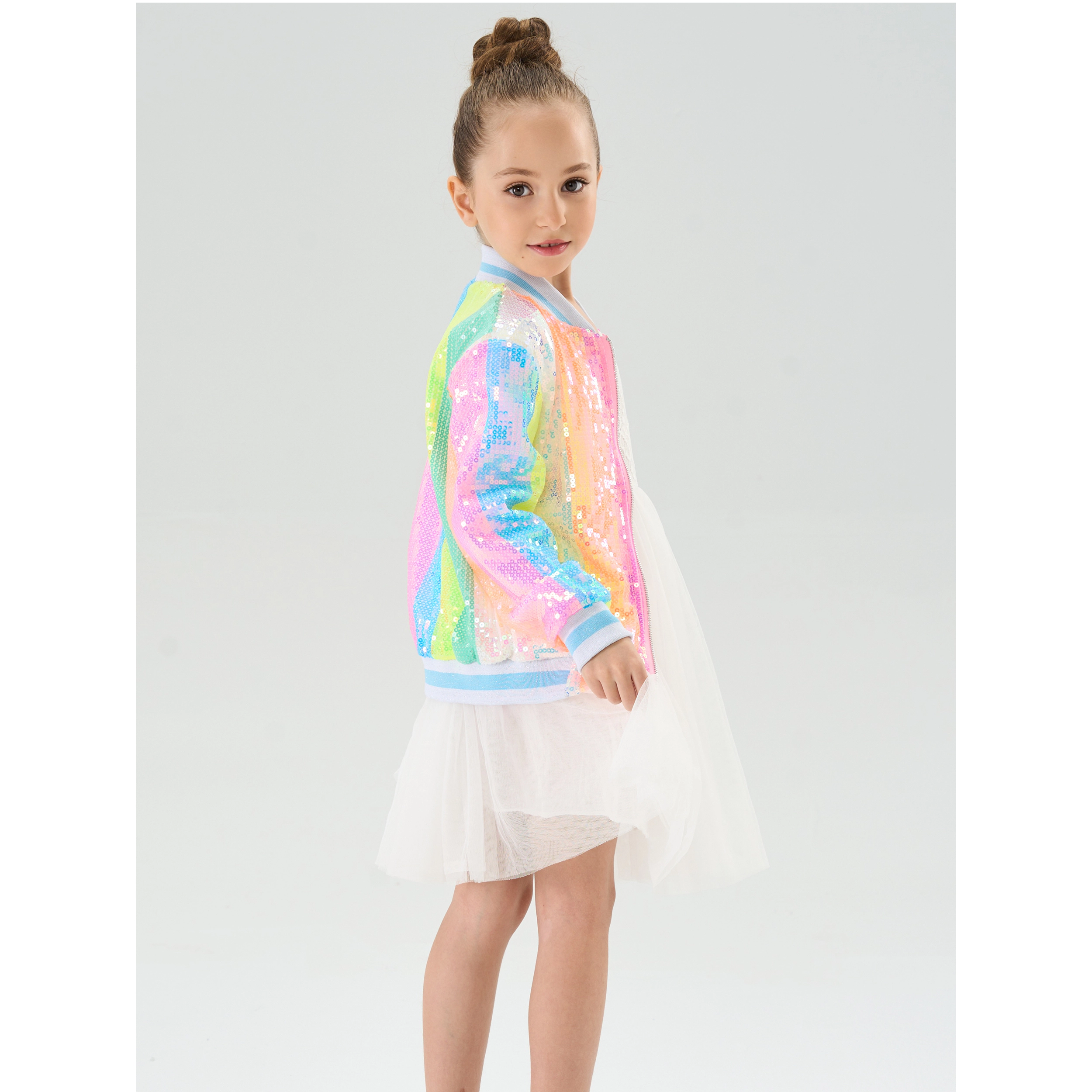 2Bunnies Girls’ Neon Pastel Stripe Sequin Bomber Jacket