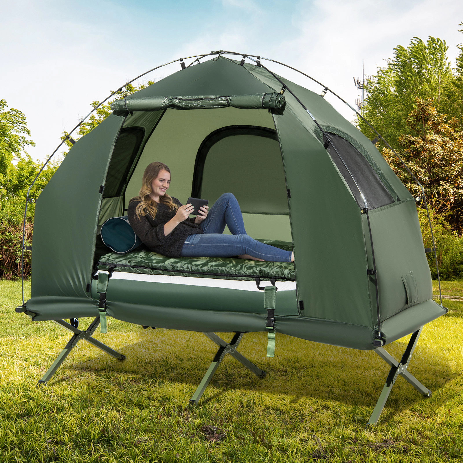 LJG 1-Person Folding Camping Tent with Sunshade and Air Mattress