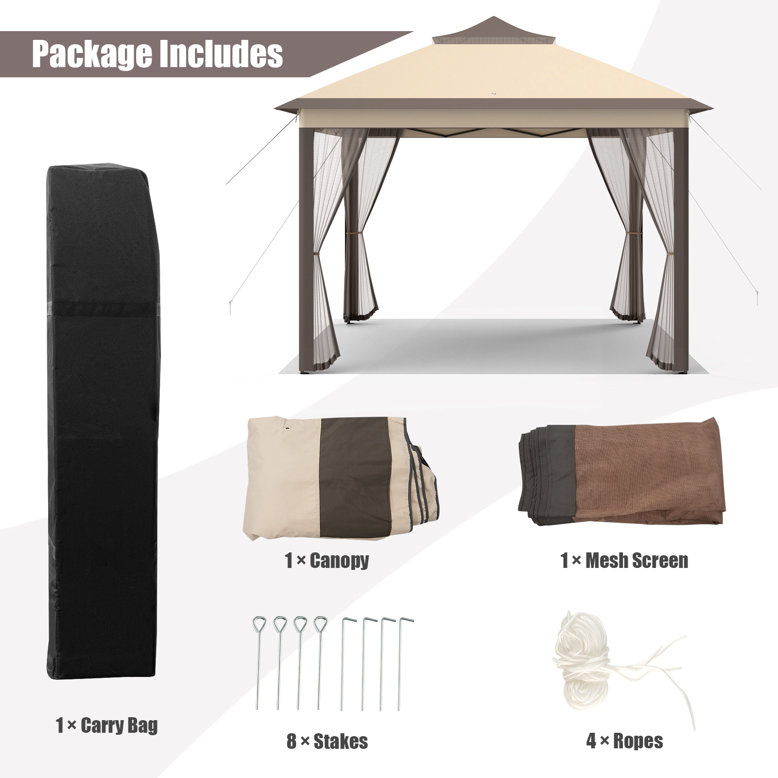 SUGIFT 2-Tier Pop-Up Gazebo Tent Portable Canopy Shelter with Mesh Screens Carry Bag Brown/Beige