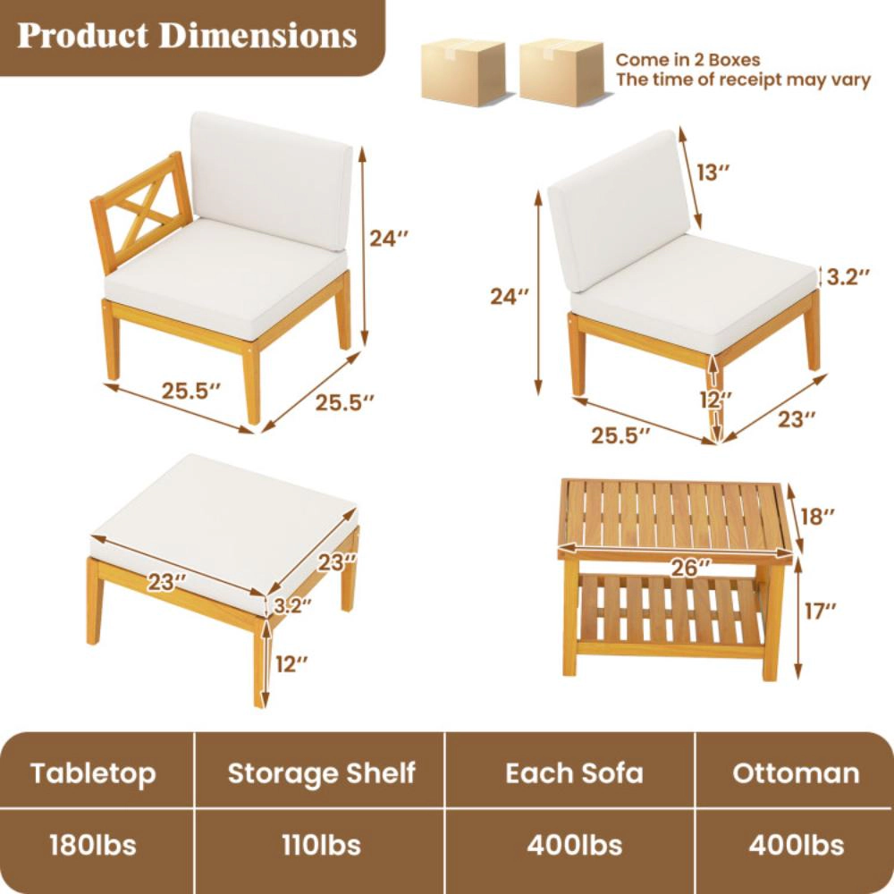 Hivvago 5 Pieces Acacia Wood Patio Chaise Lounge Chair Set With Ottoman And Cushions-White