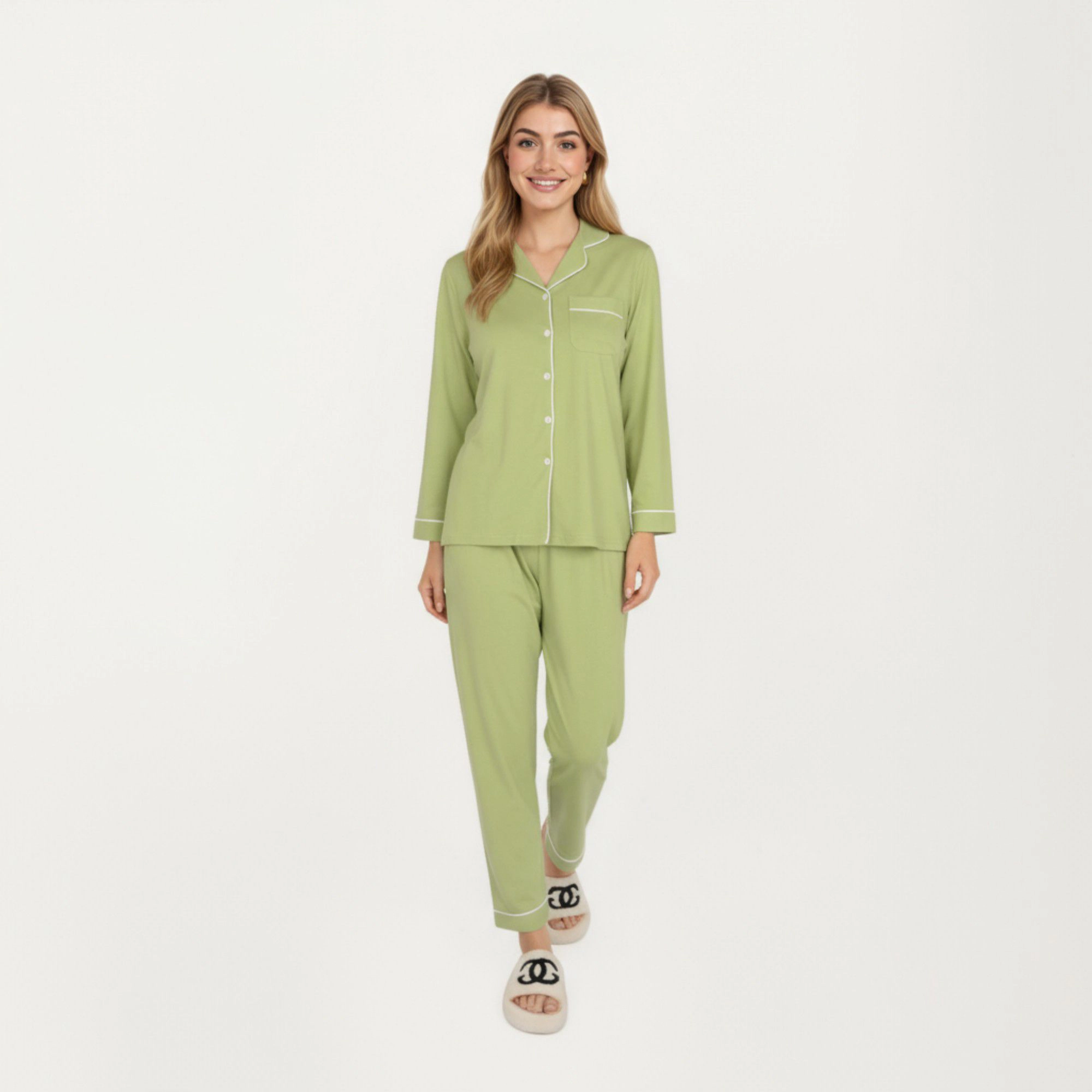 Anna-Kaci Women's 2-Piece Long Sleeve Button Front Top and Matching Relaxed Fit Pants Pajama Set with Contrast Piping