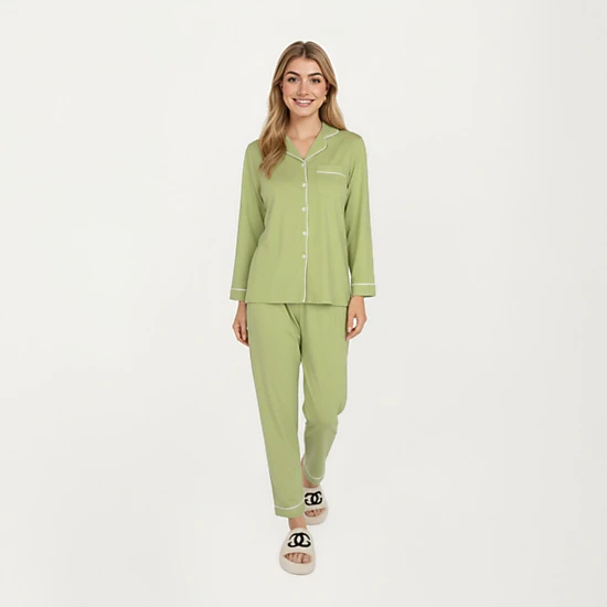 Anna-Kaci Women's 2-Piece Long Sleeve Button Front Top and Matching Relaxed Fit Pants Pajama Set with Contrast Piping