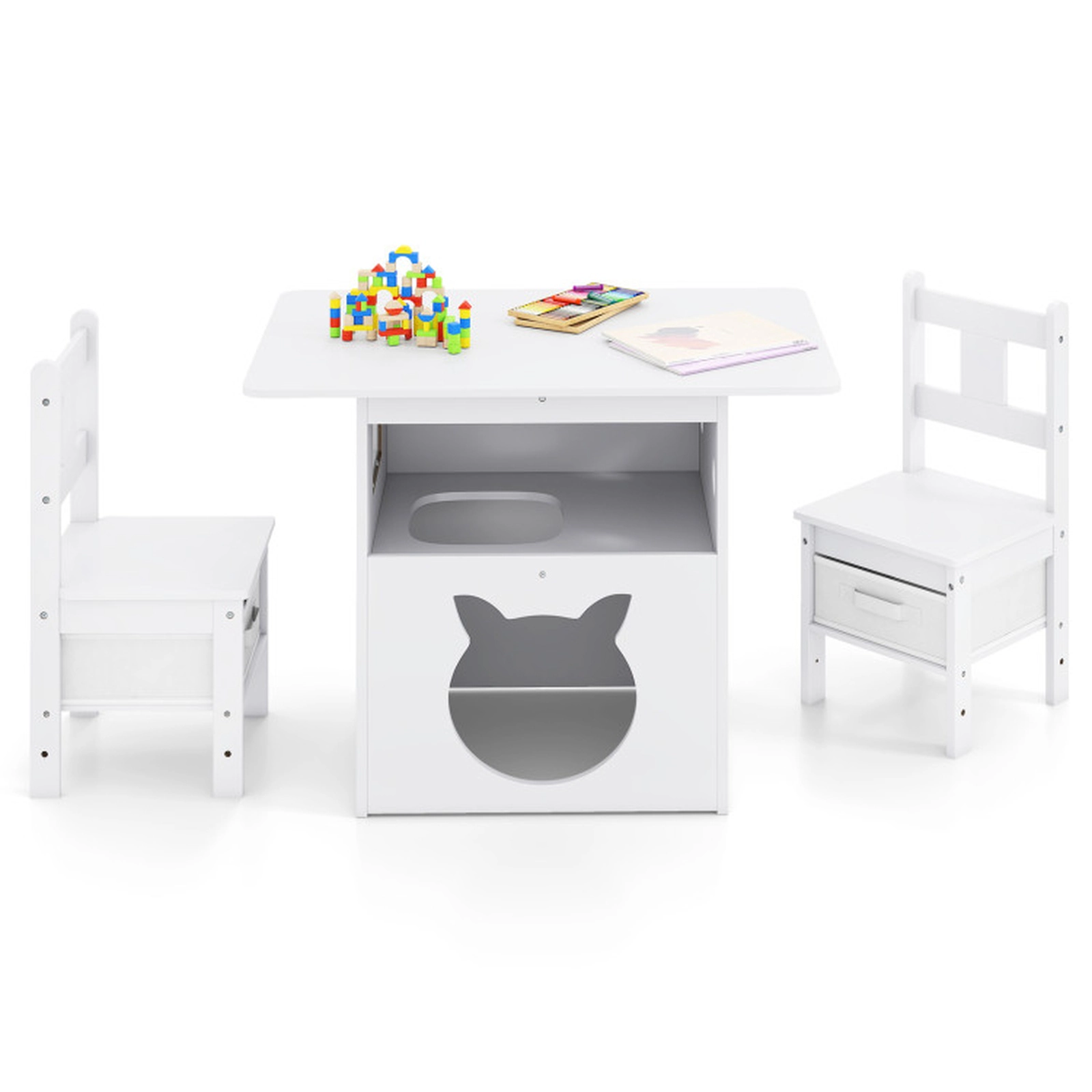 SUGIFT White Built-In Cat House and 2 Storage Bins 3-Piece Kids Wooden Table and Chairs Set