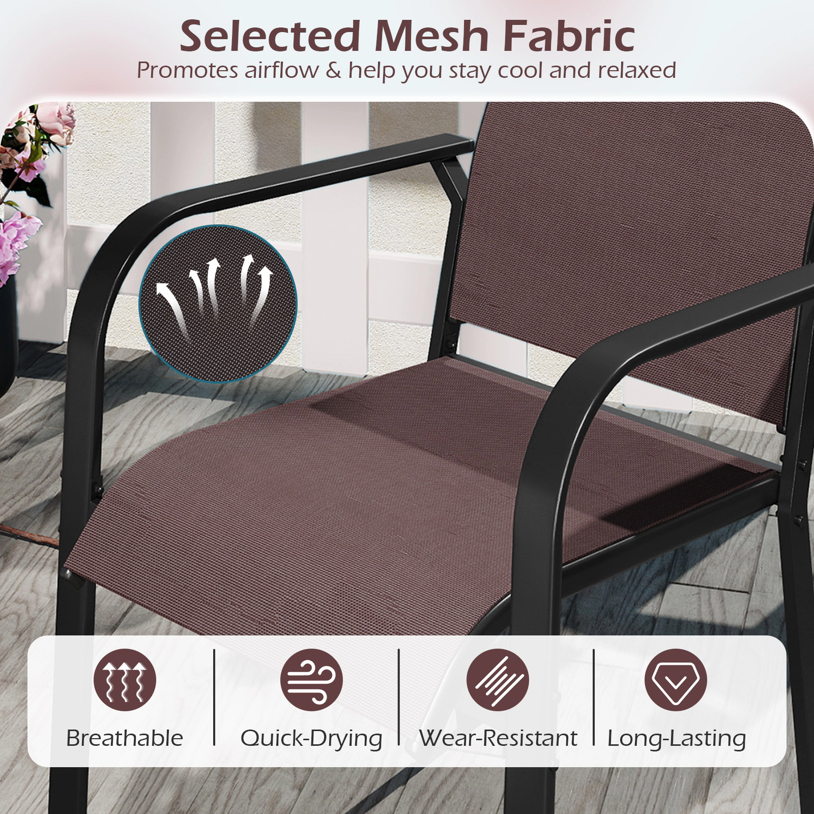 SUGIFT Stackable Metal Patio Dining Armchairs with Breathable Mesh 350-lb Capacity Coffee 22 x 21 x 36 in Set of 2