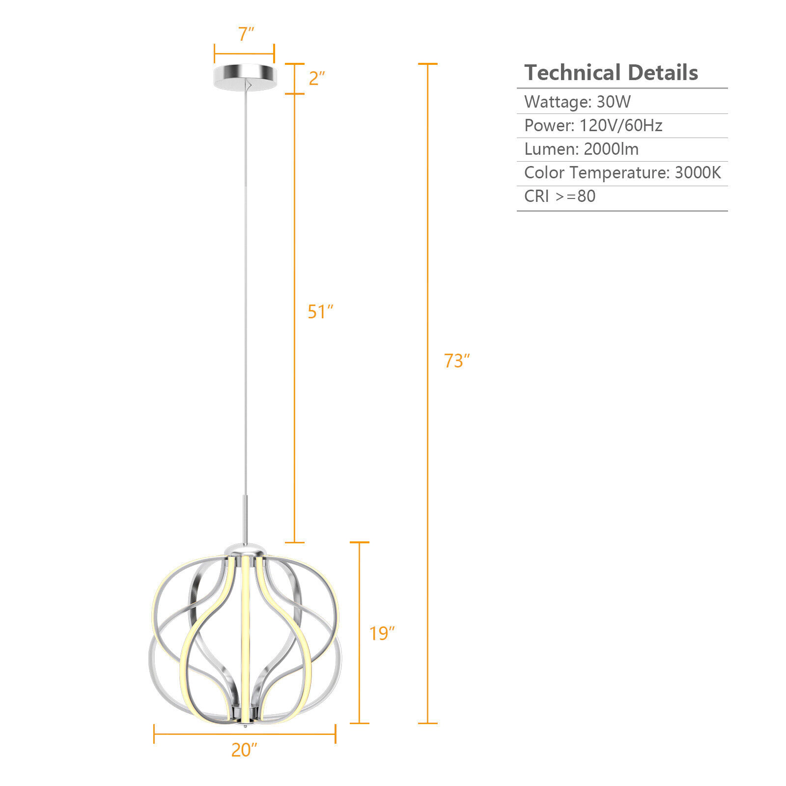 SUGIFT 30W Dimmable Warm White Integrated LED Modern Chandelier 20-in Dia 25-in to 73-in Drop 2000-Lumen Chrome