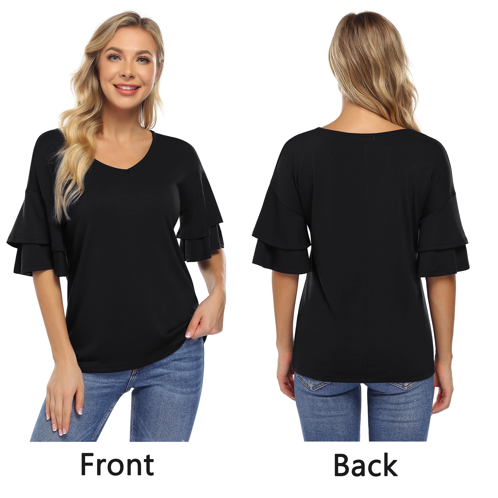 KOJOOIN Women V Neck Tunic Tops Double Tier Ruffle Short Sleeve T-Shirts Dressy Casual Blouse Basic Tee