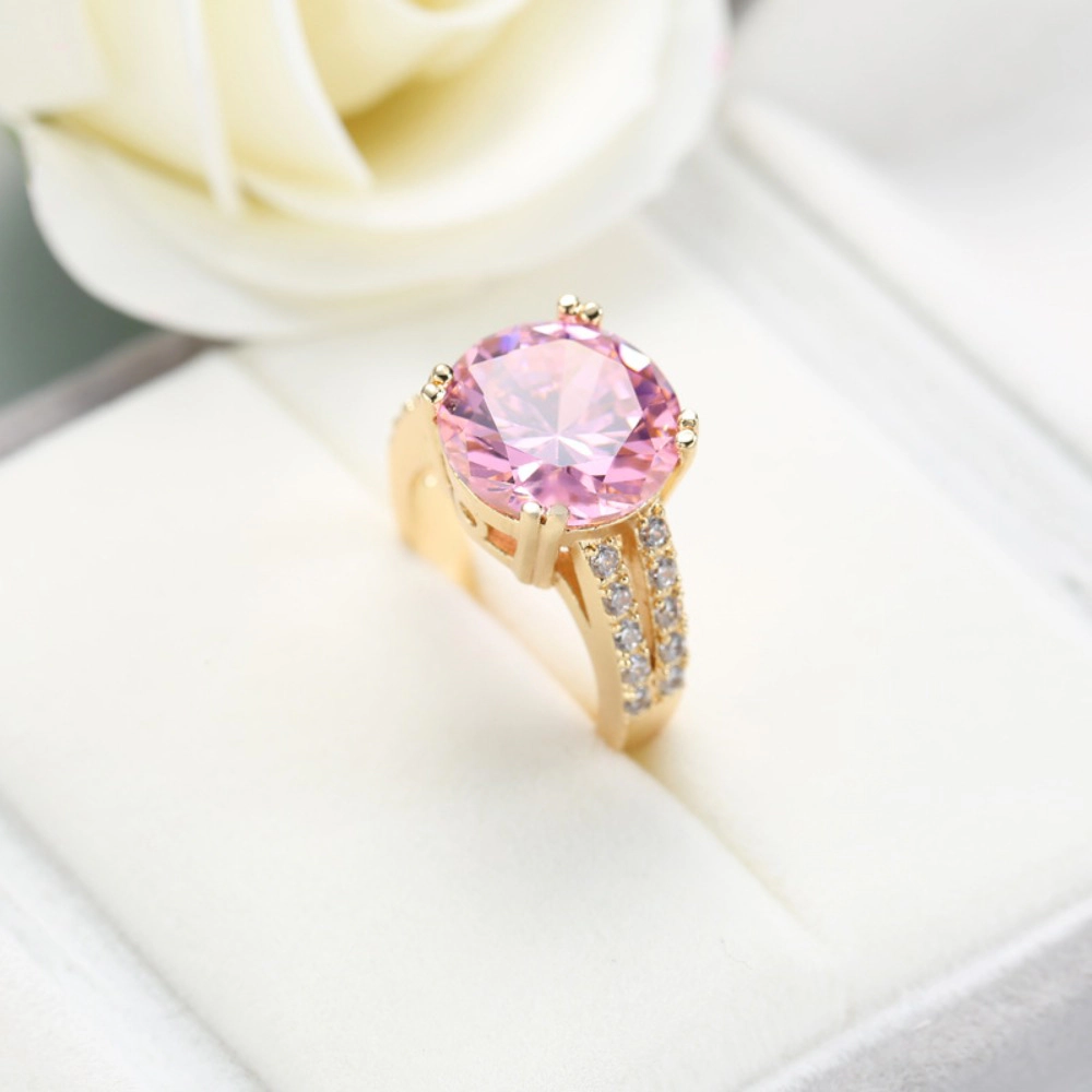Women's Large Round Pink Cubic Zirconia Statement Ring Gold Tone Split Shank Engagement Ring