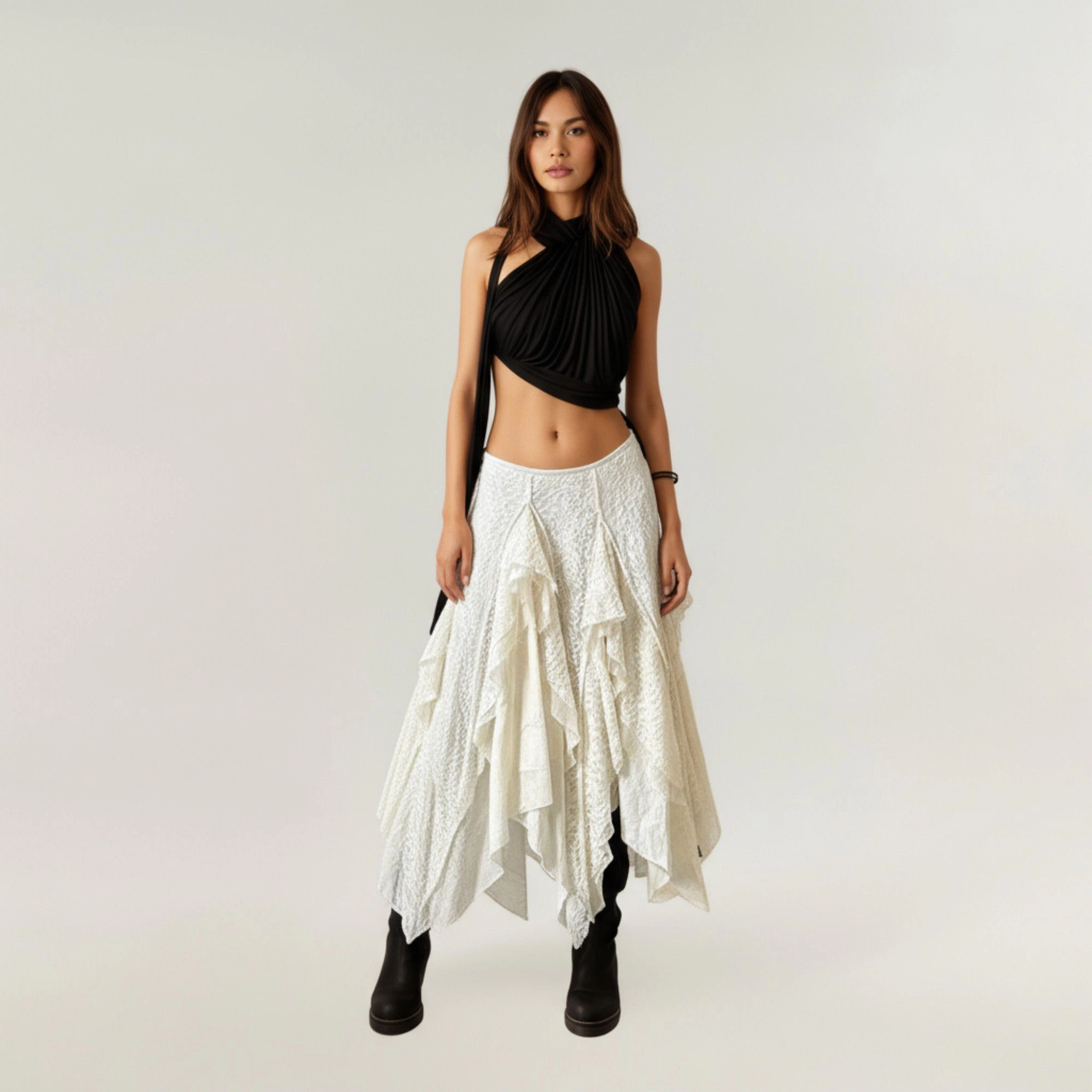 Anna-Kaci Women's Asymmetrical Layered Lace Ruffle Maxi Skirt