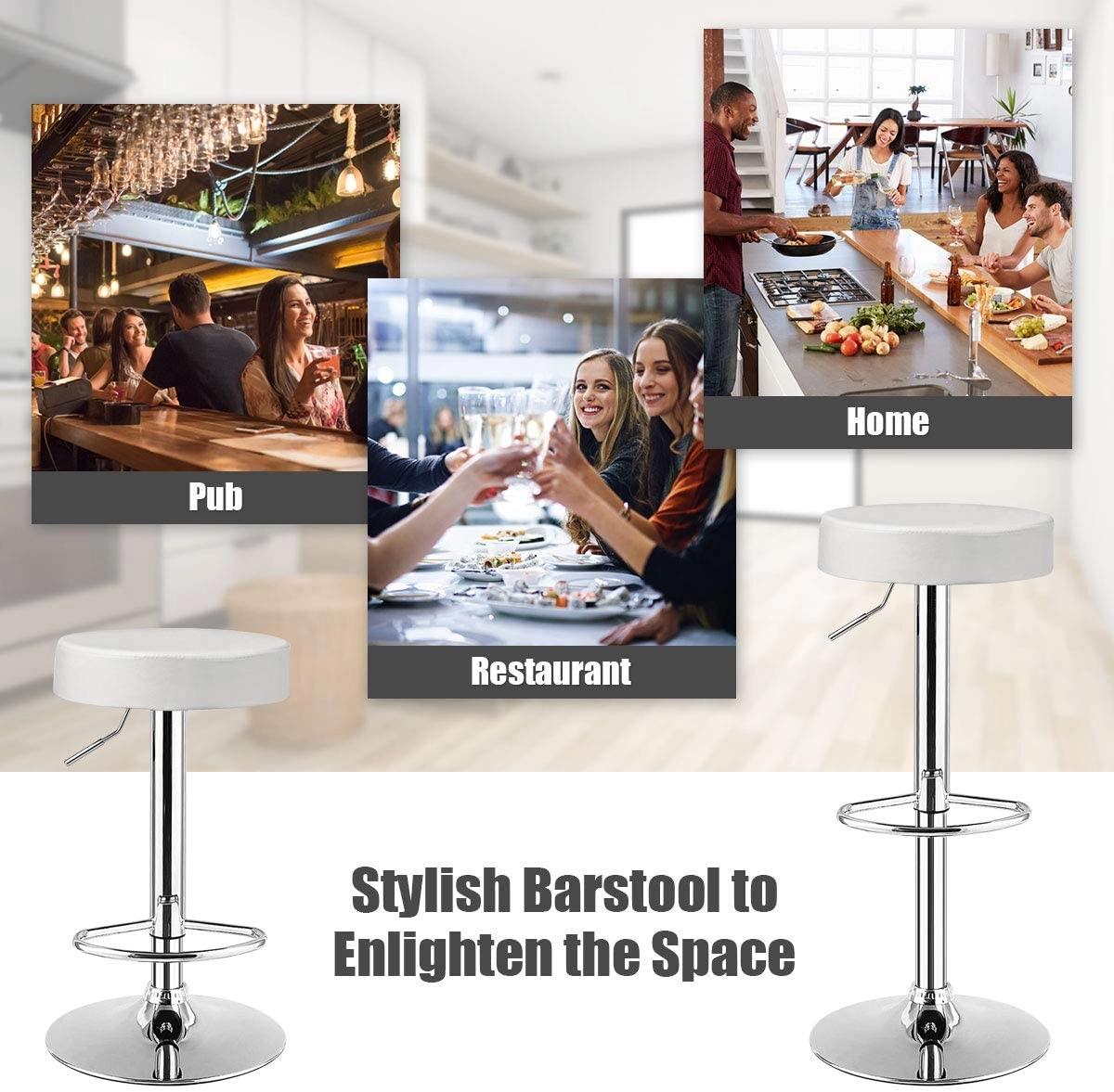 SUGIFT Height Adjustable Round PU Leather Swivel Bar Stools with Chrome Footrest 250-lb Capacity Set of 2 White