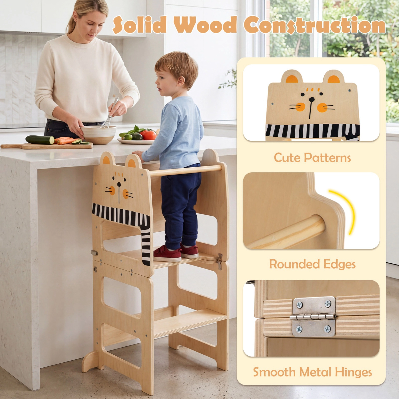 SUGIFT 3-in-1 Wooden Toddler Kitchen Step Stool Black and White with Chalkboard