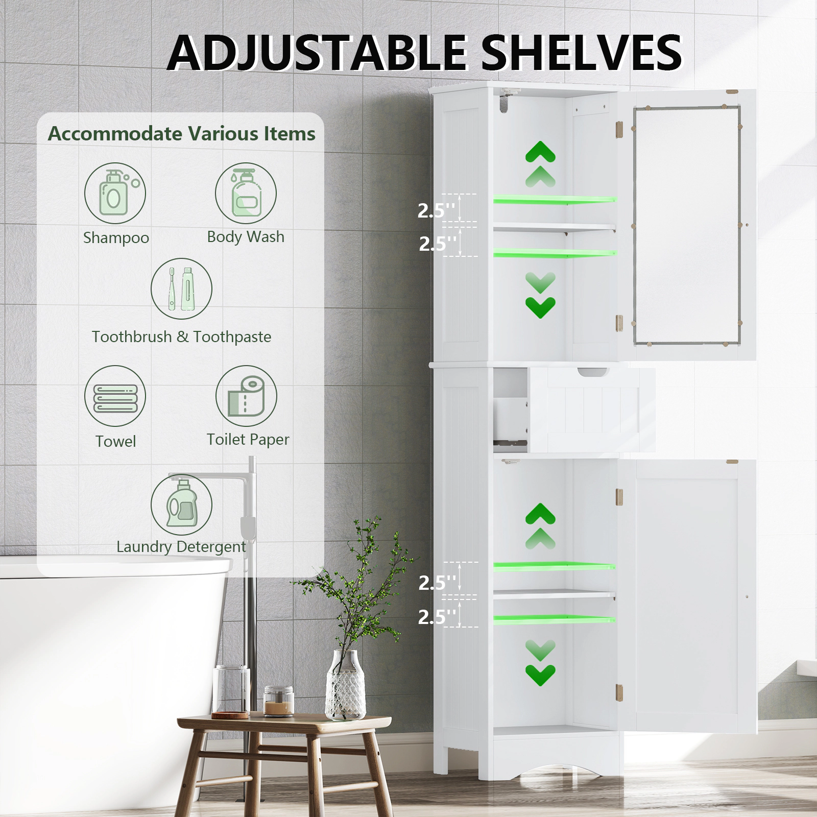 SUGIFT Tall 2-Door Drawer Tempered Glass Bathroom Floor Storage Cabinet 16-in x 12-in x 67-in 33-lb per Shelf White