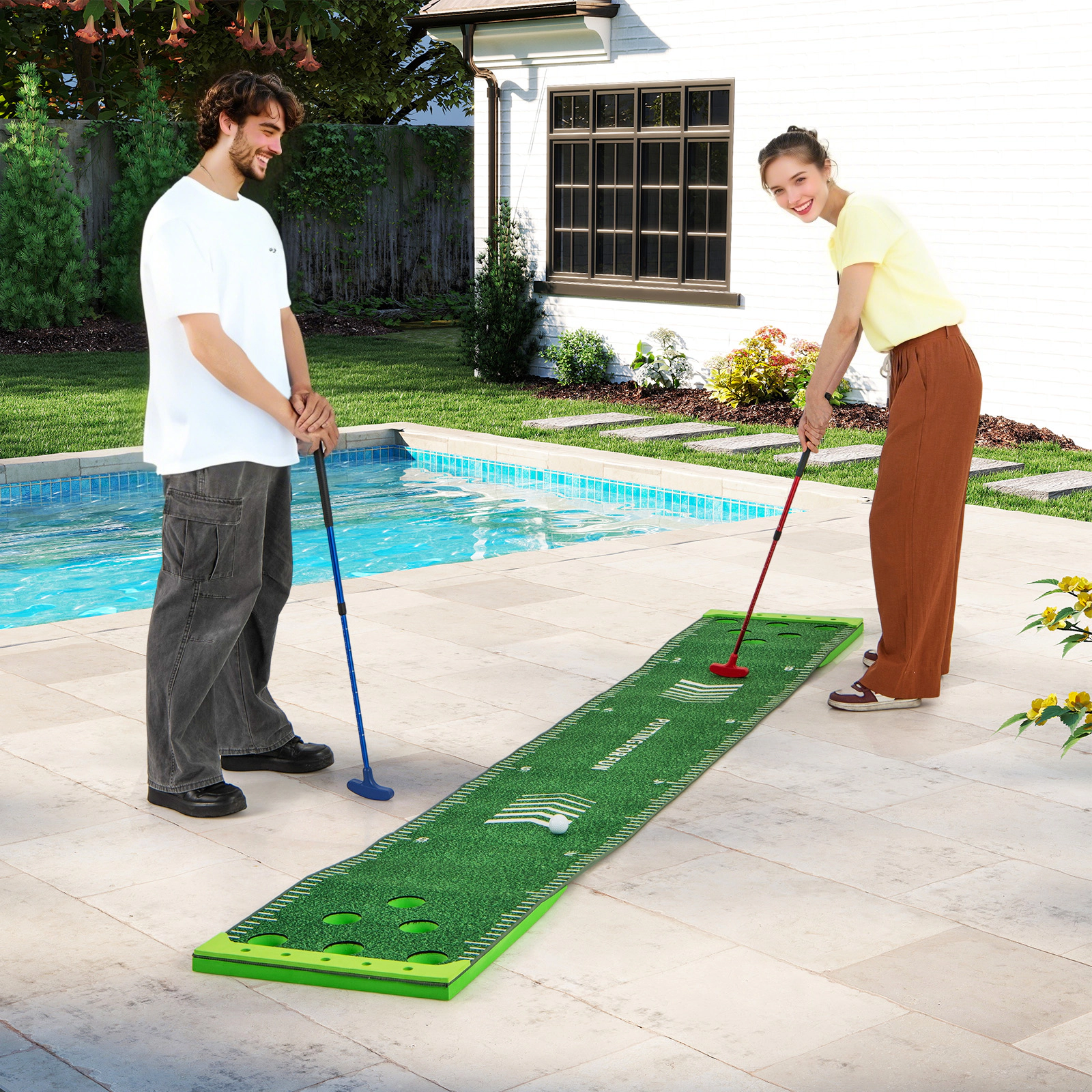 11-ft Putting Green Mat Set 2 Adjustable Putters 6 Balls Ball Holders Carry Bag Kids and Adults Mini Golf