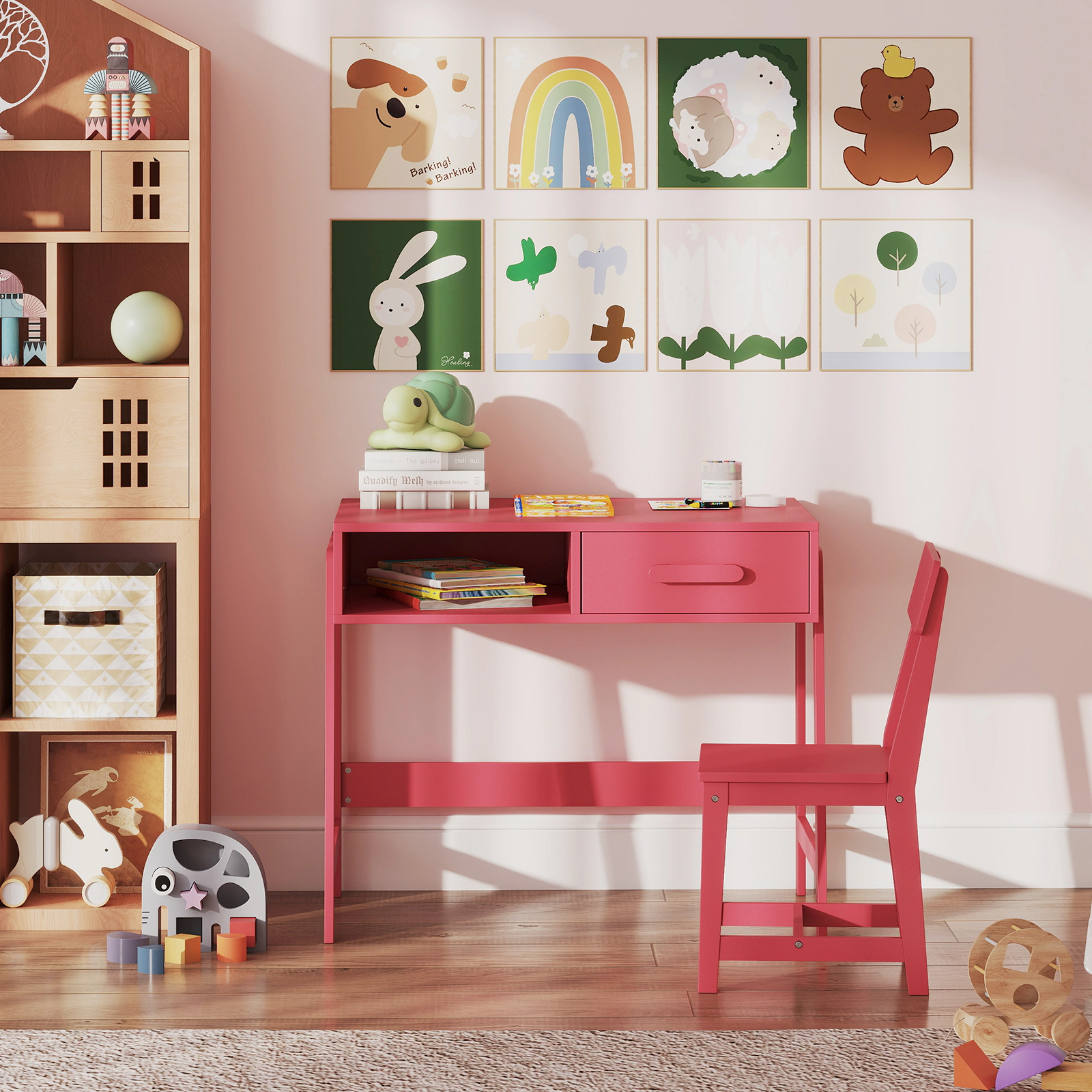 SUGIFT Kids Desk and Chair Set, 33.5 in Study Table with Hutch, Drawer, Pink