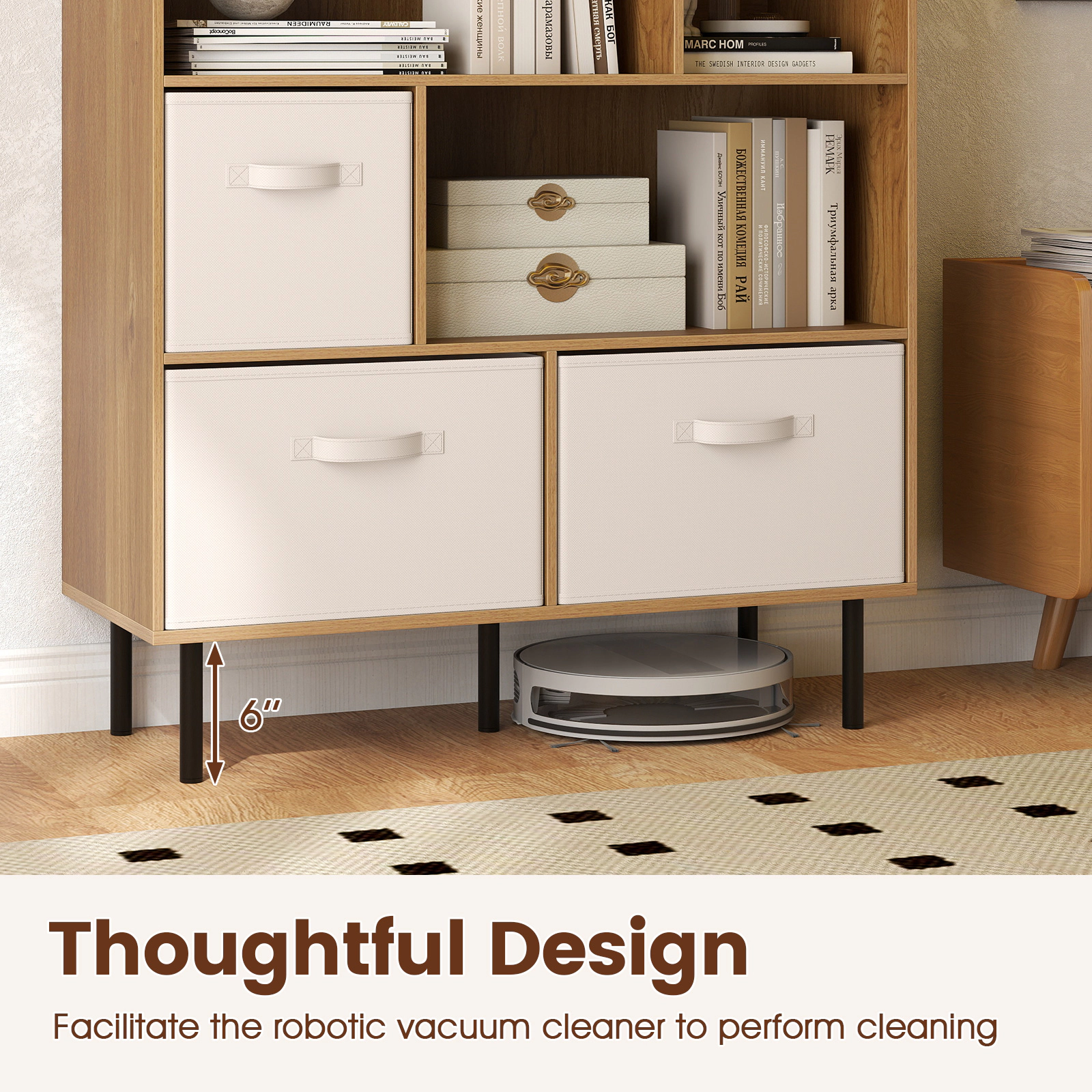 SUGIFT 6-Cube Bookshelf with 3 Removable Folding Fabric Drawers 330-lb Capacity Natural with Beige Drawers